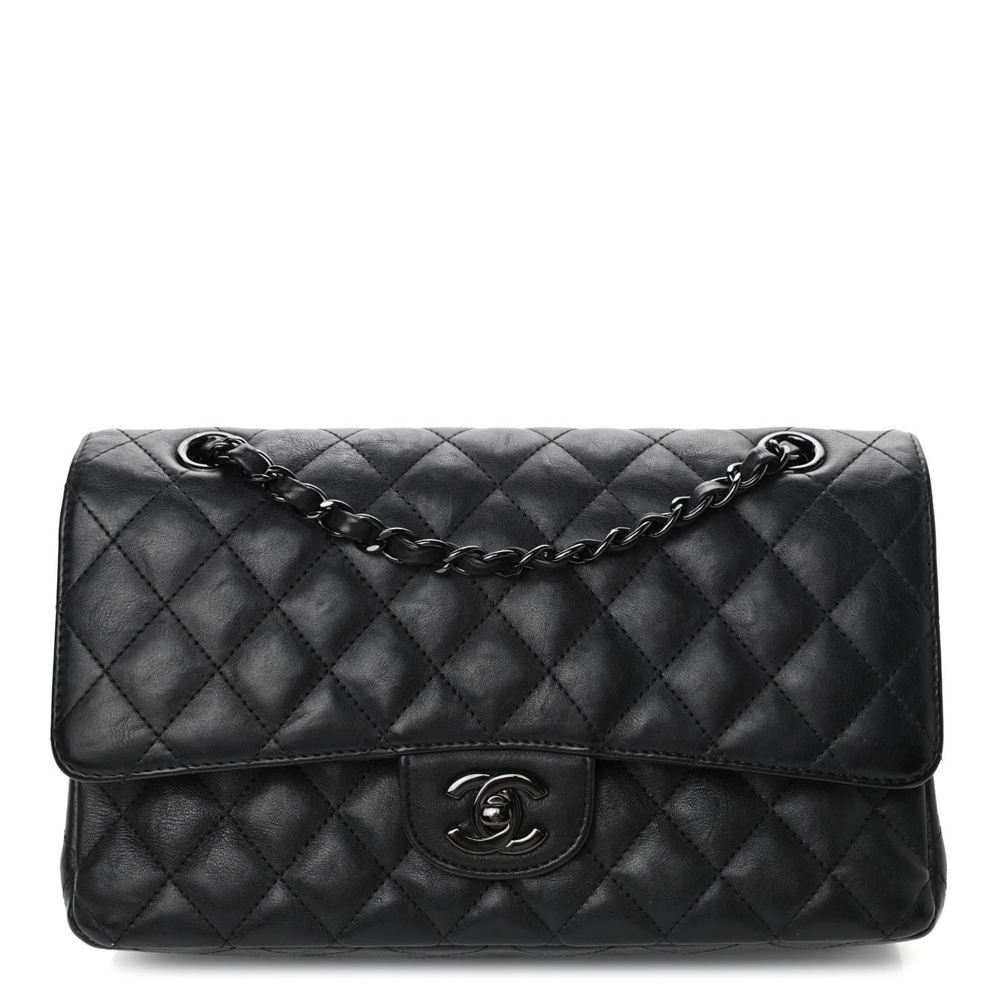 Crumpled Calfskin Quilted Medium Double Flap So Black