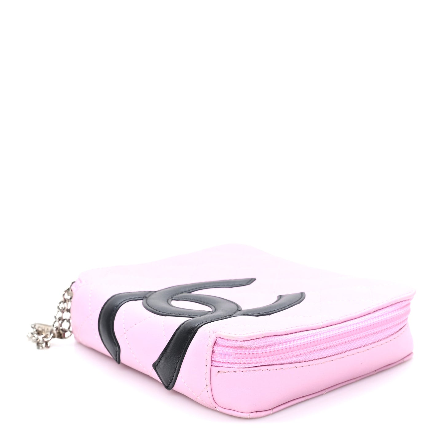 Calfskin Quilted Cambon Zip Around Makeup Pouch Pink Black