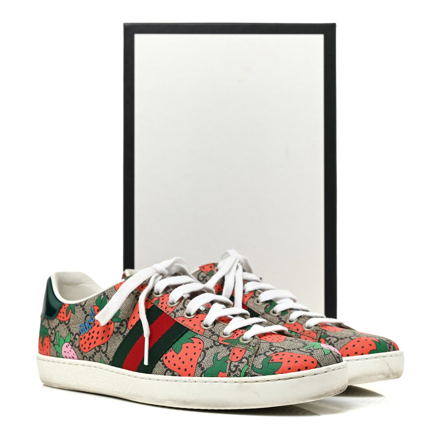 GG Supreme Monogram Strawberry Web Womens Ace Sneakers 39.5 Beige Multicolor Red Green