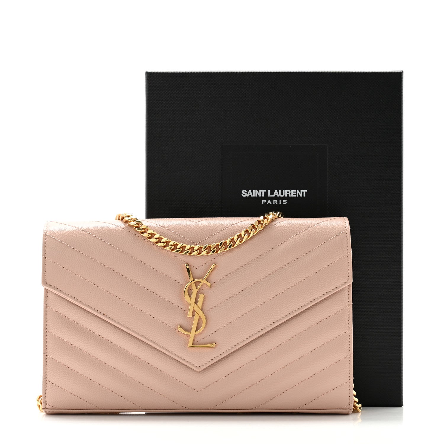 Saint Laurent Grain De Poudre Matelasse Chevron Monogram Chain Wallet Pale Pink 12 of 12