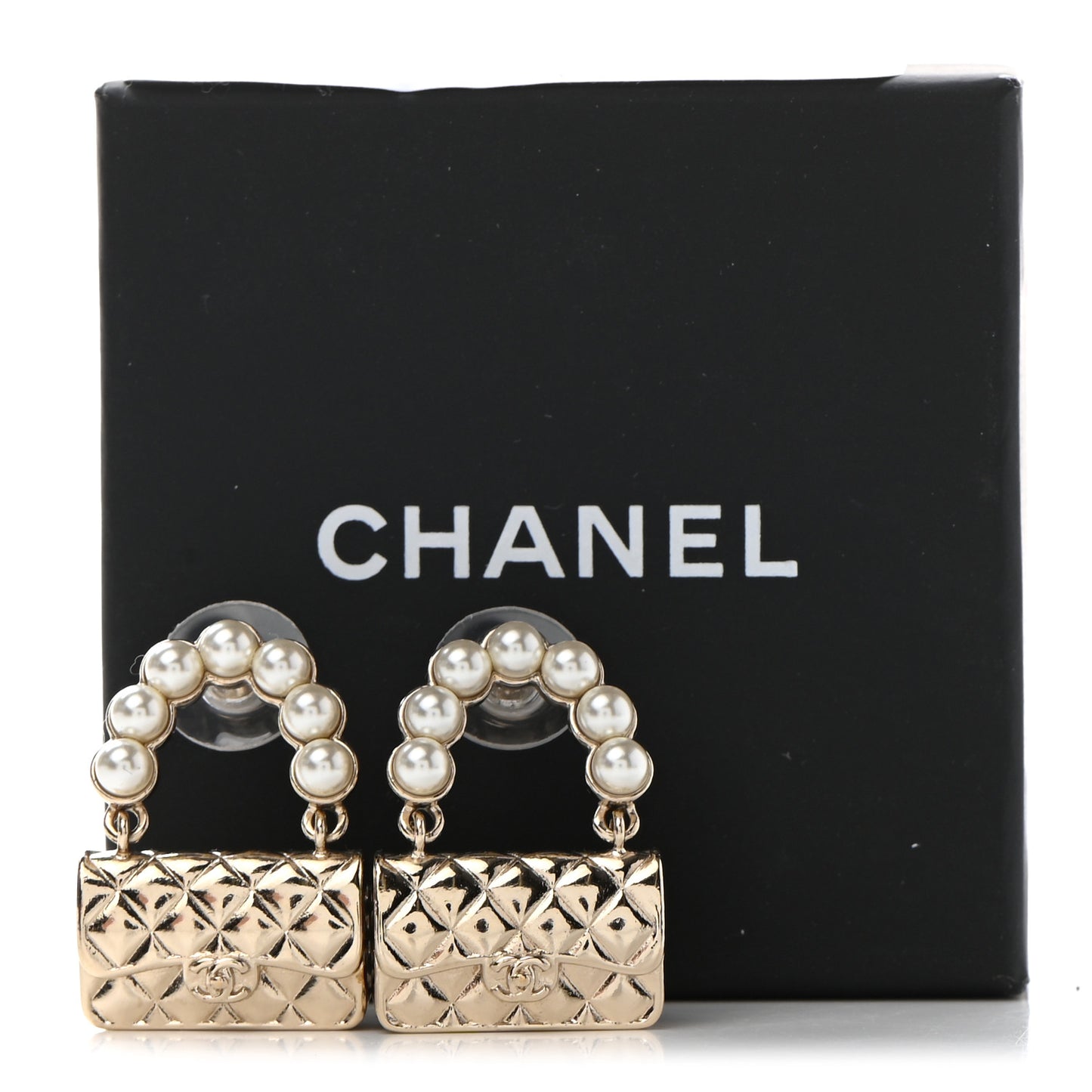 Pearl Quilted CC Flap Bag Earrings Gold