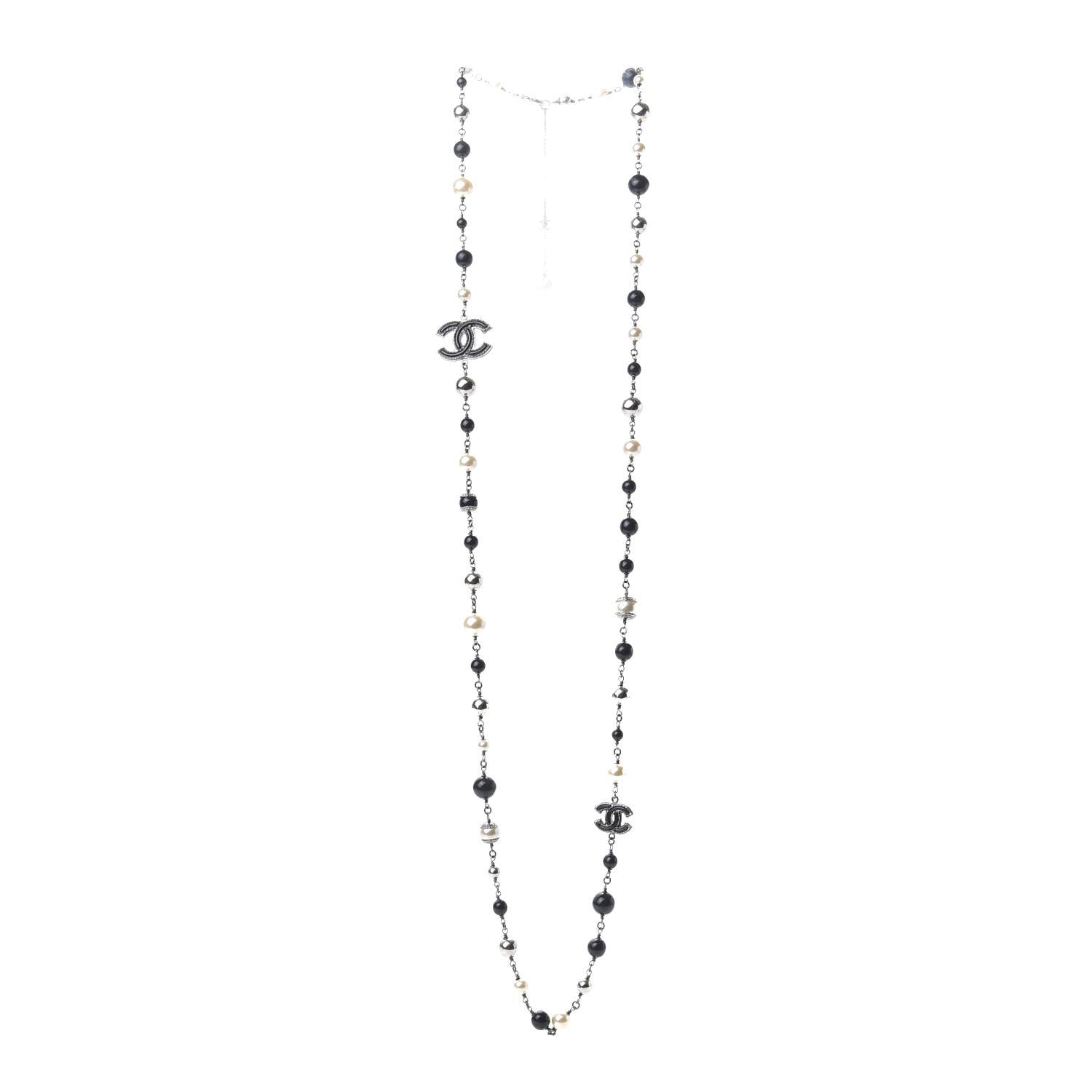 Chanel Pearl Beaded Enamel CC Long Necklace Silver 3 of 5