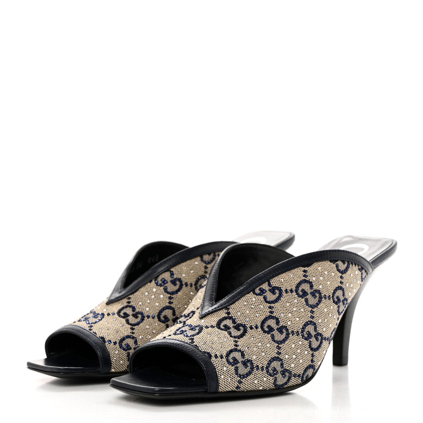New Canvas Malaga Kid Crystal GG Monogram Square G 95mm Slide Sandals 36 Beige Blue