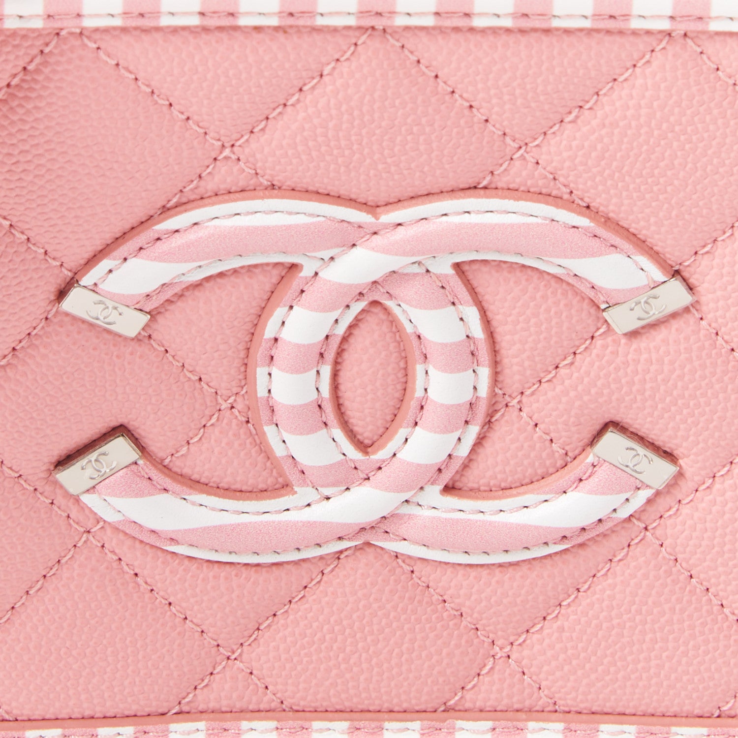 Chanel Caviar Quilted Striped Small CC Filigree Vanity Case Pink White 10 of 11
