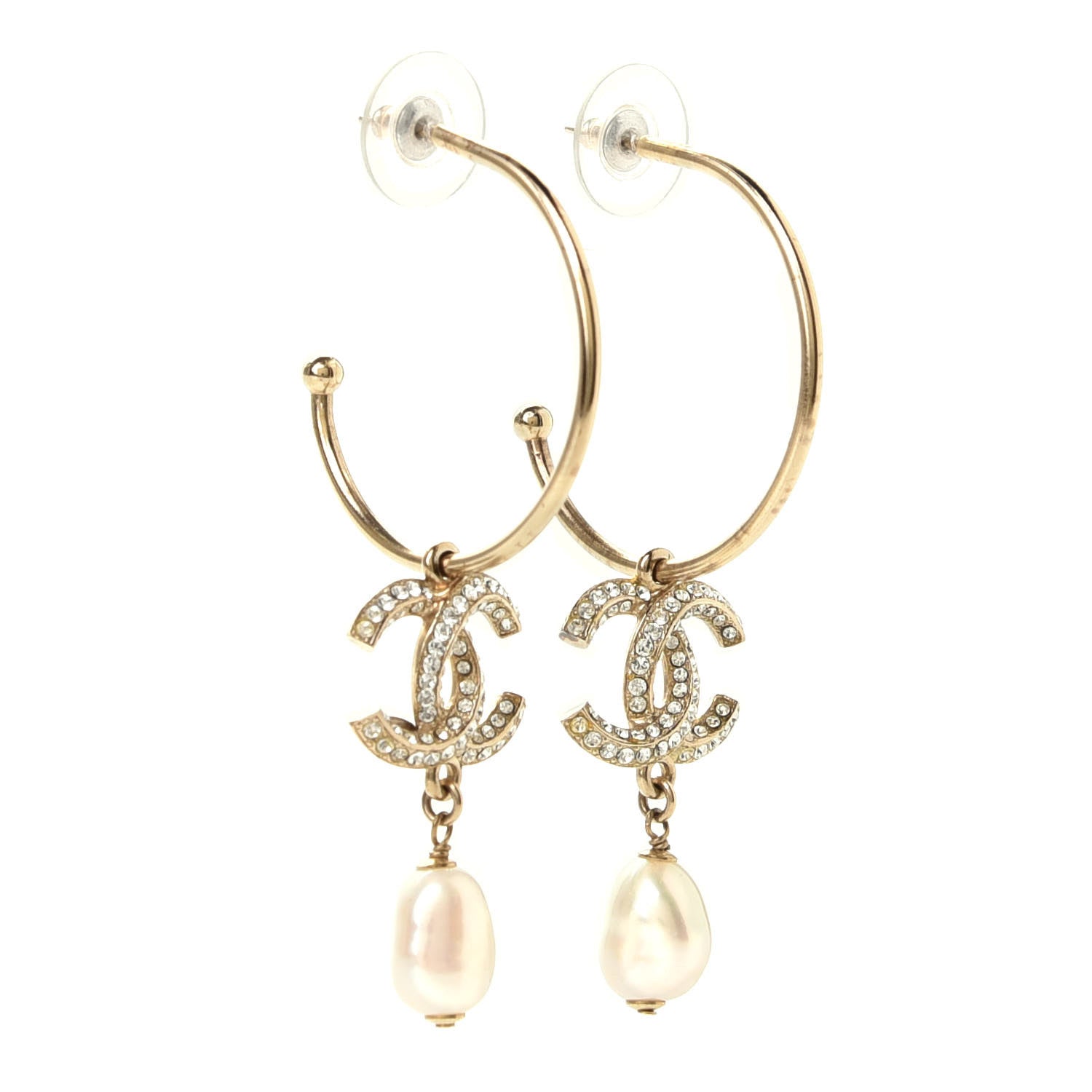 Chanel Crystal Pearl CC Drop Hoop Earrings Gold 2 of 4