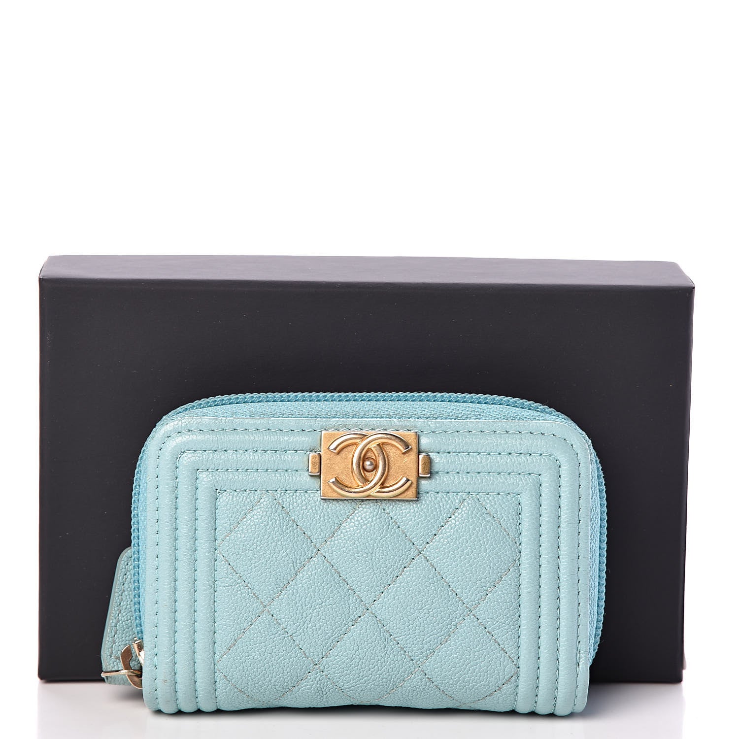 Chanel Caviar Quilted Boy Zip Around Card Holder Light Blue 9 of 9