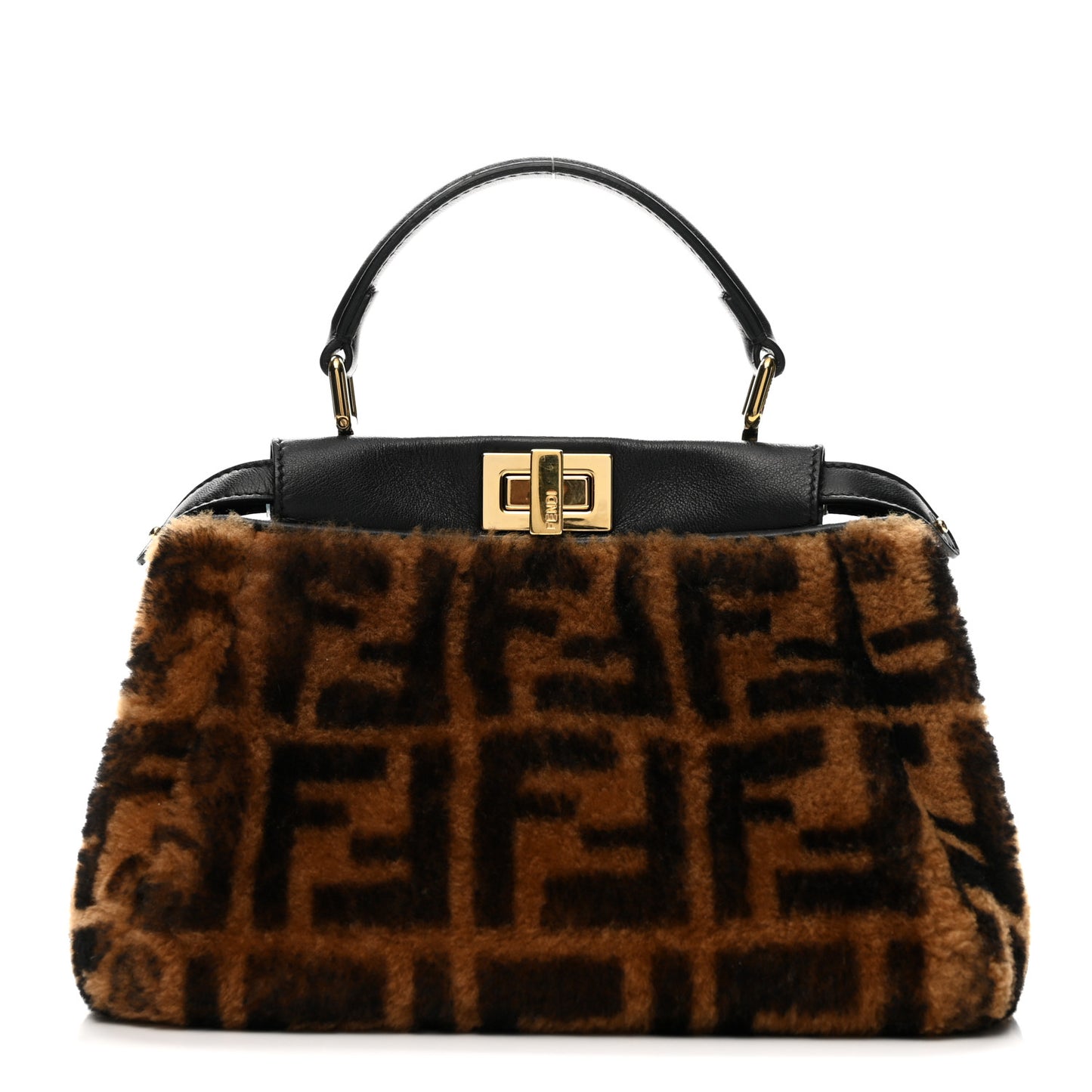 Shearling Nappa Macro FF 1974 Mini Peekaboo Iconic Satchel Tobacco Black