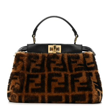 Fendi Shearling Nappa Macro FF 1974 Mini Peekaboo Iconic Satchel Tobacco Black 1 of 14