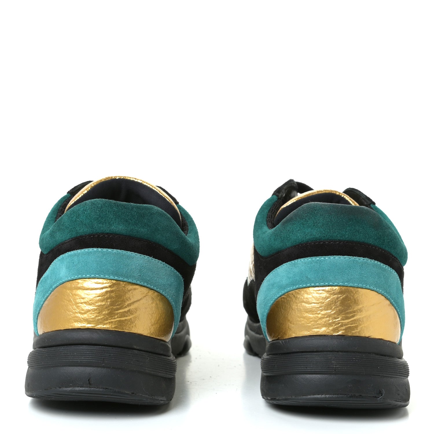 Chanel Fabric Calfskin Suede CC Womens Sneakers 41 Black Turquoise Gold 5 of 12