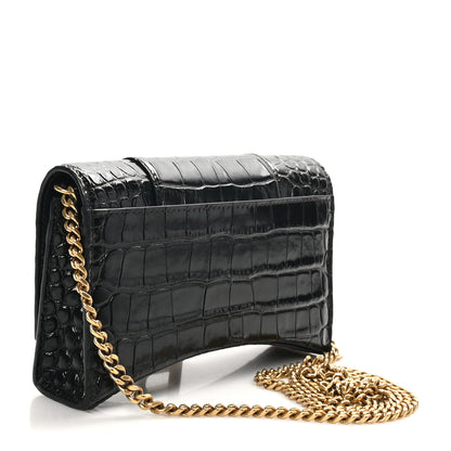 Balenciaga Shiny Calfskin Crocodile Embossed Hourglass Chain Bag Black 3 of 9