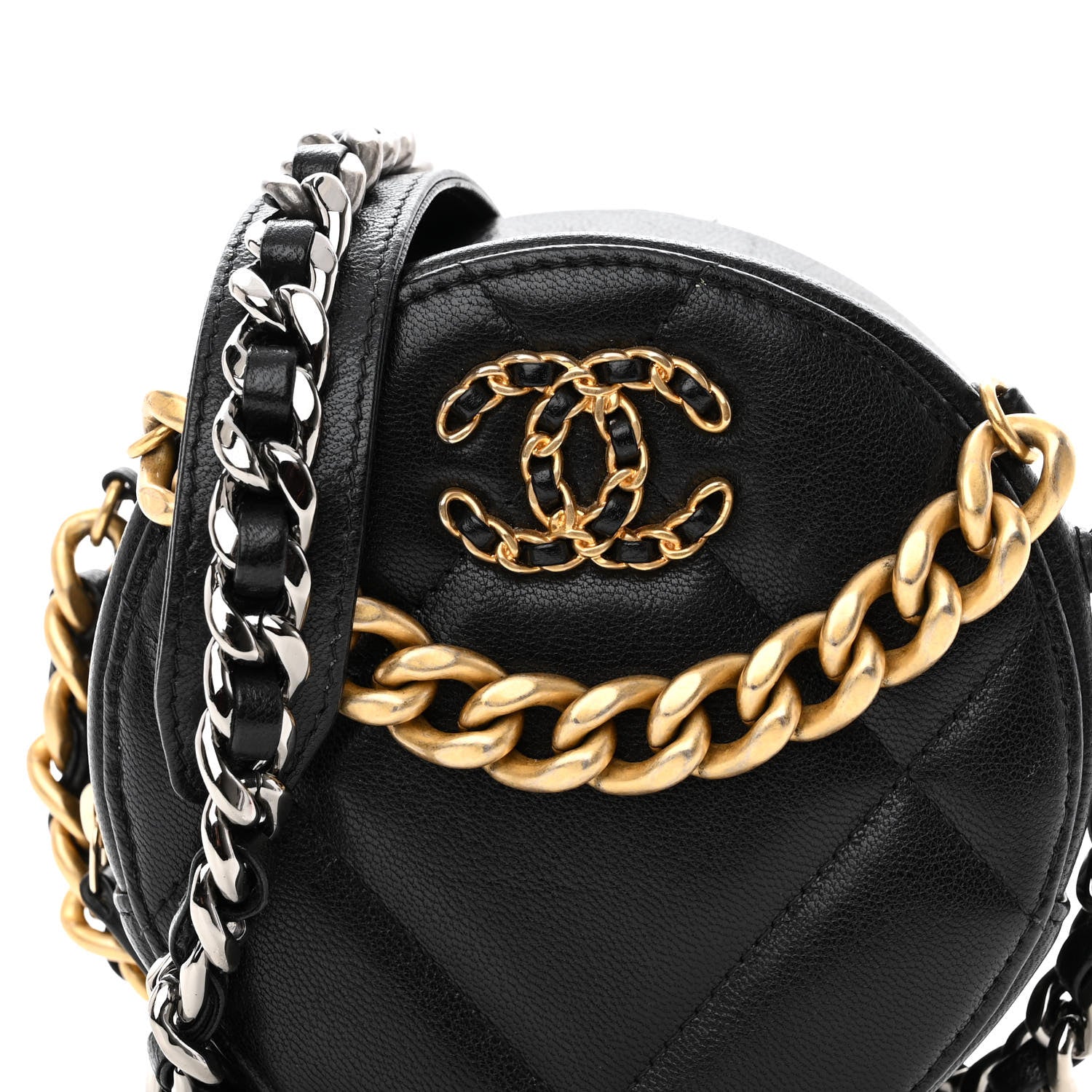 Chanel Lambskin Quilted Chanel 19 Round Clutch With Chain Black 7 of 9