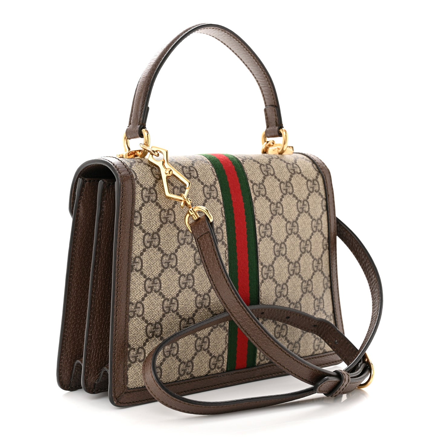 GG Supreme Monogram Textured Dollar Calfskin Web Small Ophidia Padlock Top Handle Bag Beige Ebony New Acero