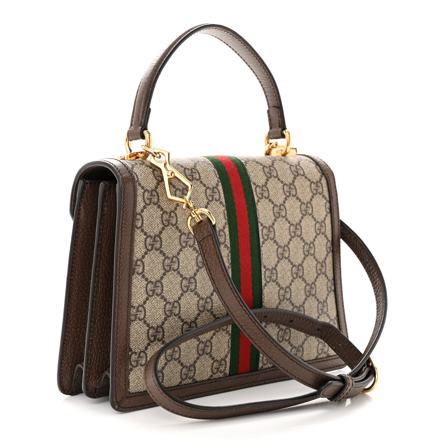 Gucci GG Supreme Monogram Textured Dollar Calfskin Web Small Ophidia Padlock Top Handle Bag Beige Ebony New Acero 3 of 10