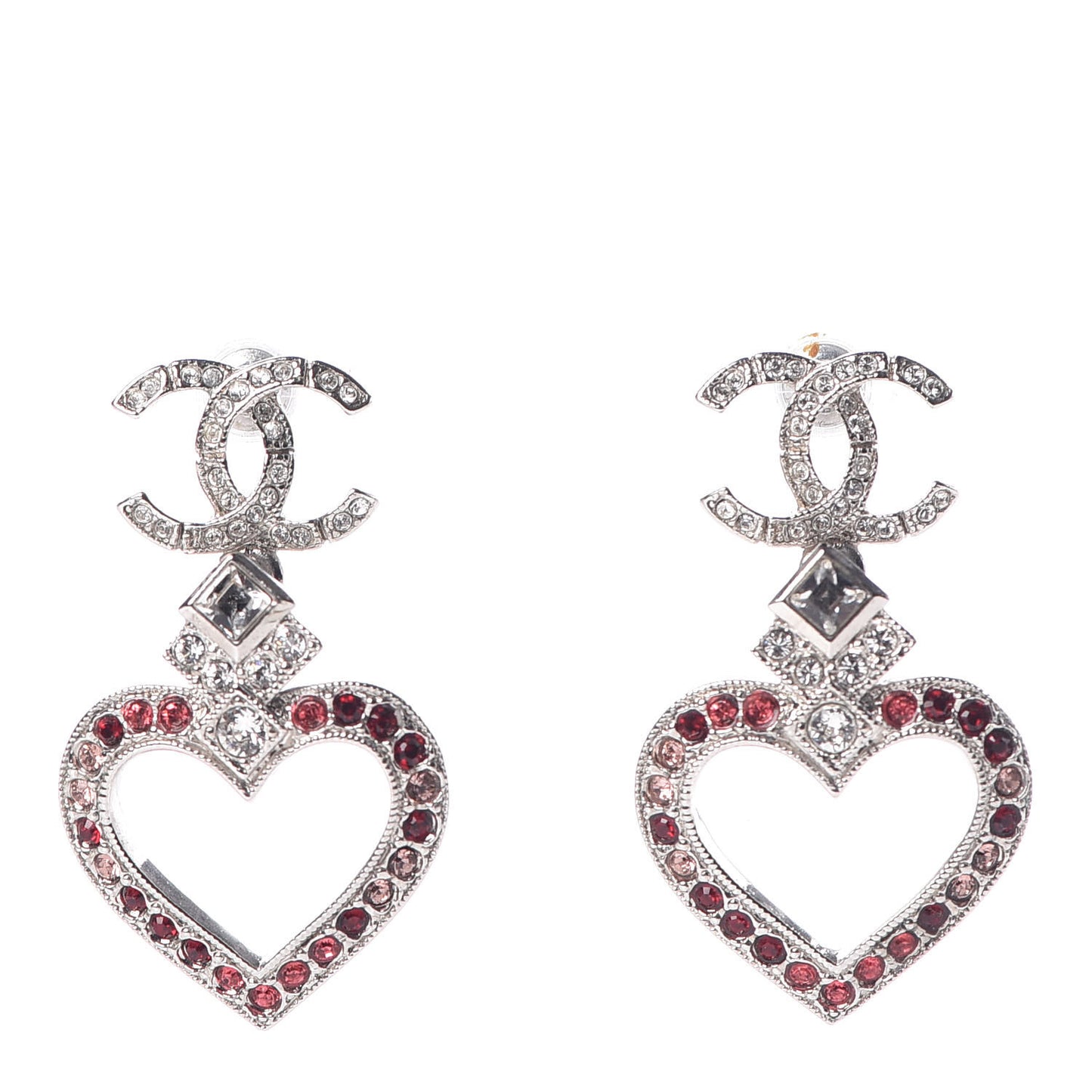 Crystal Heart CC Drop Earrings Silver