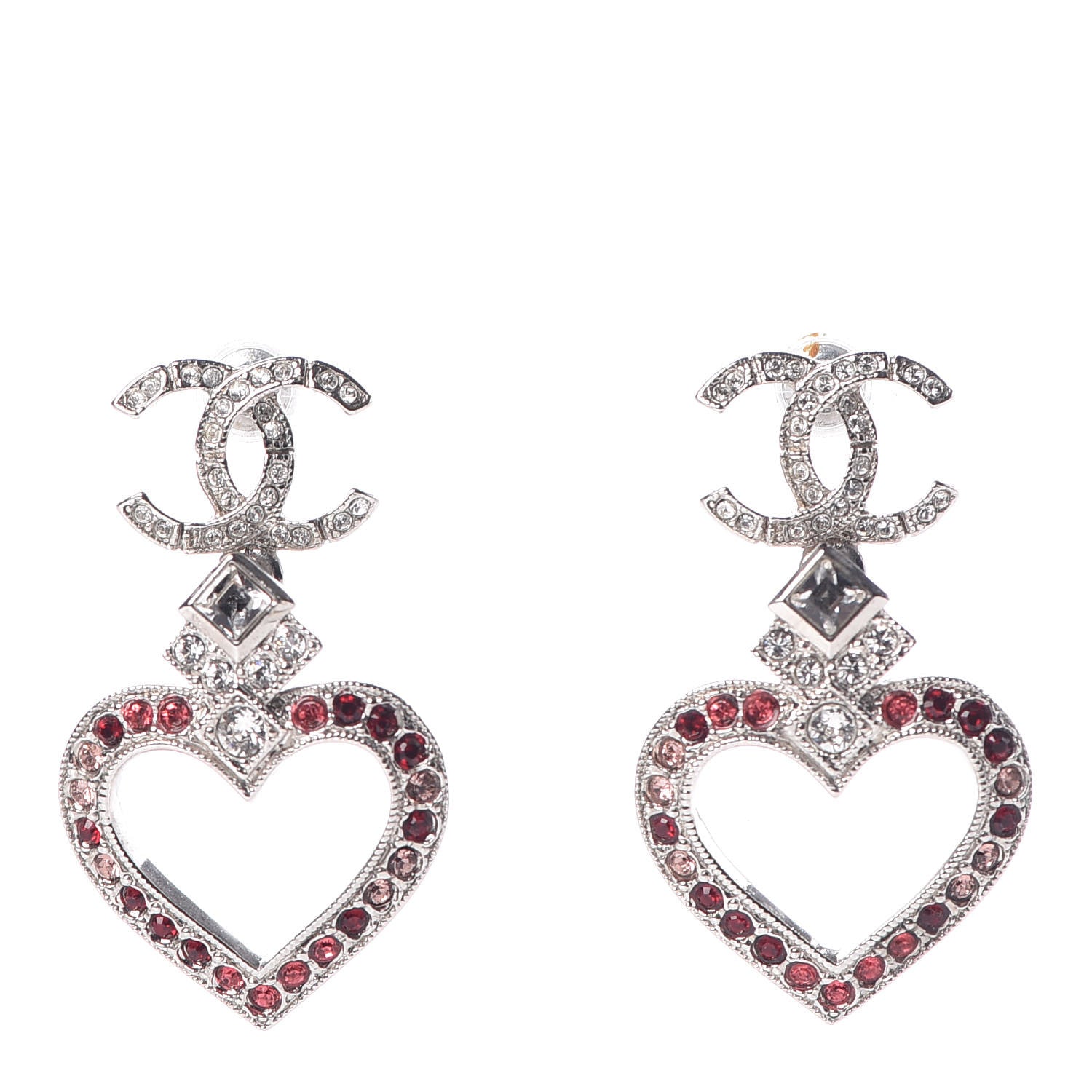 Chanel Crystal Heart CC Drop Earrings Silver 1 of 6