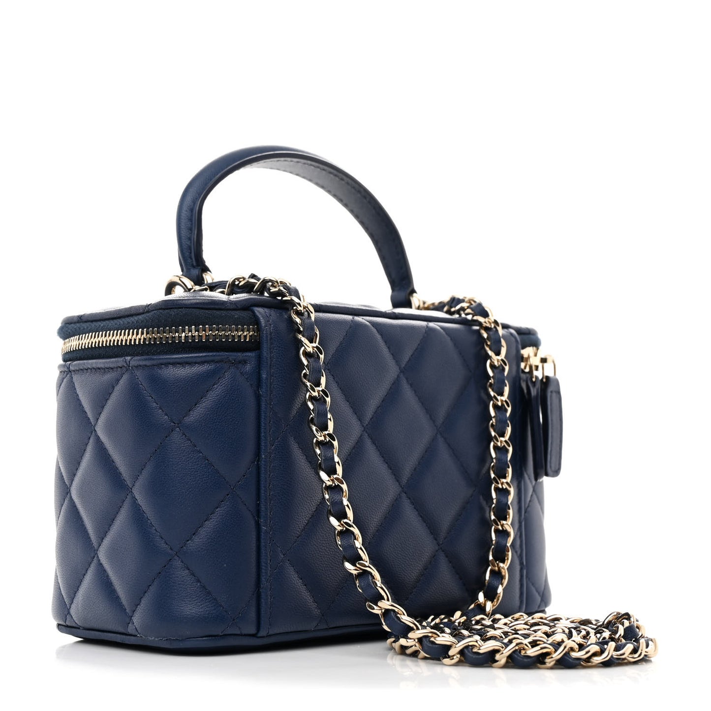 Lambskin Quilted Small Top Handle Vanity Case With Chain Navy