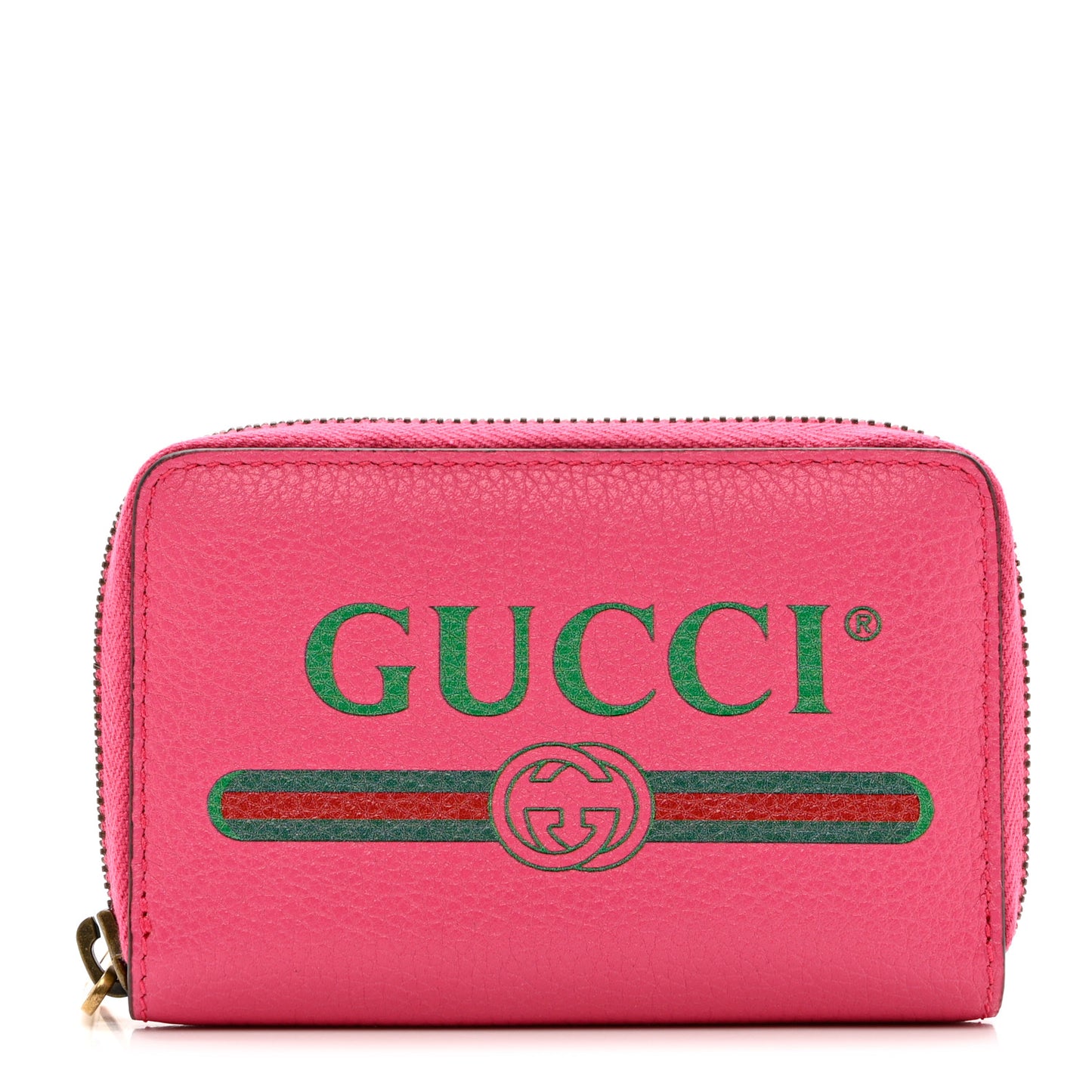 Grained Calfskin Logo Zip Around Card Case Box Pink Green