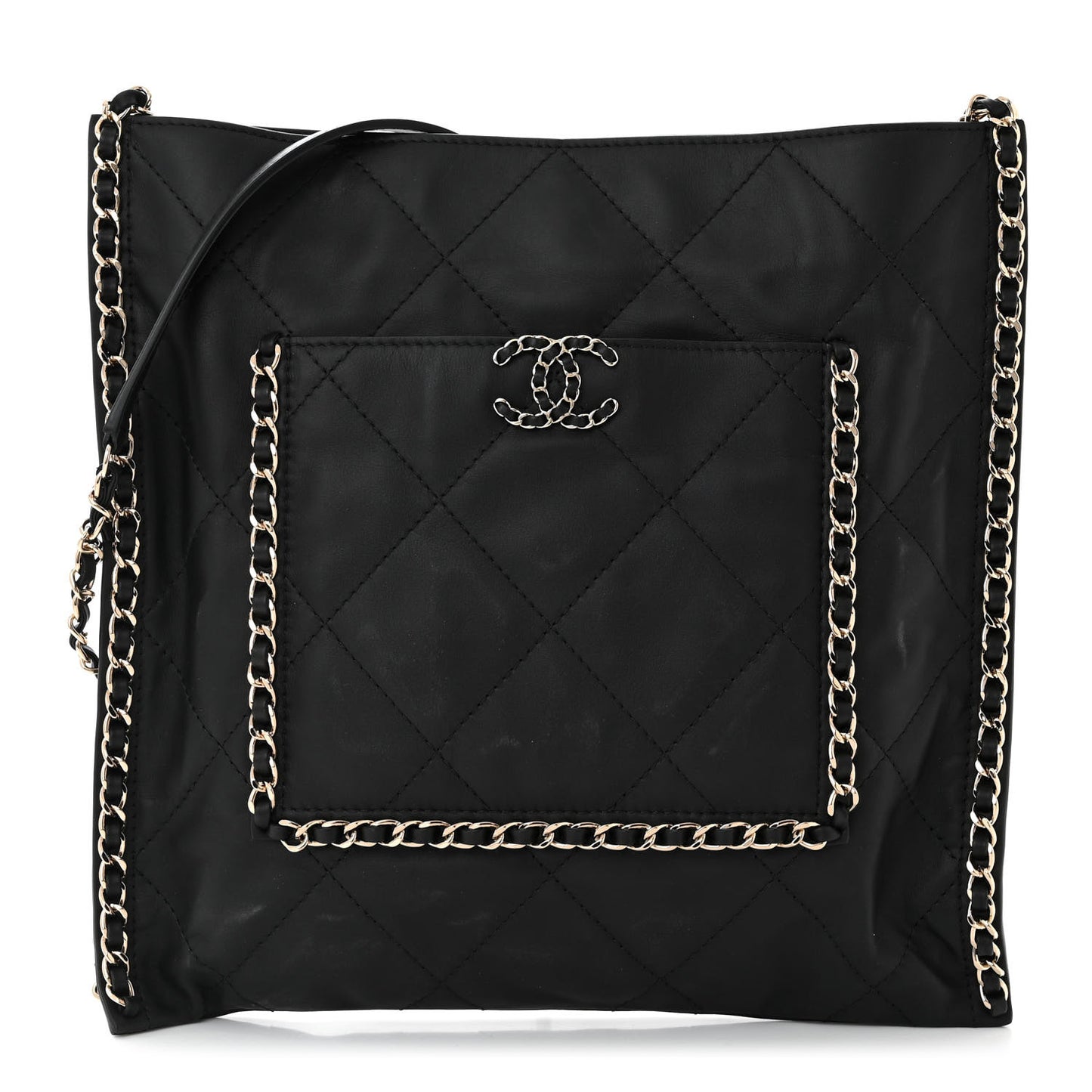 Calfskin Quilted Chain Flat Tote Black