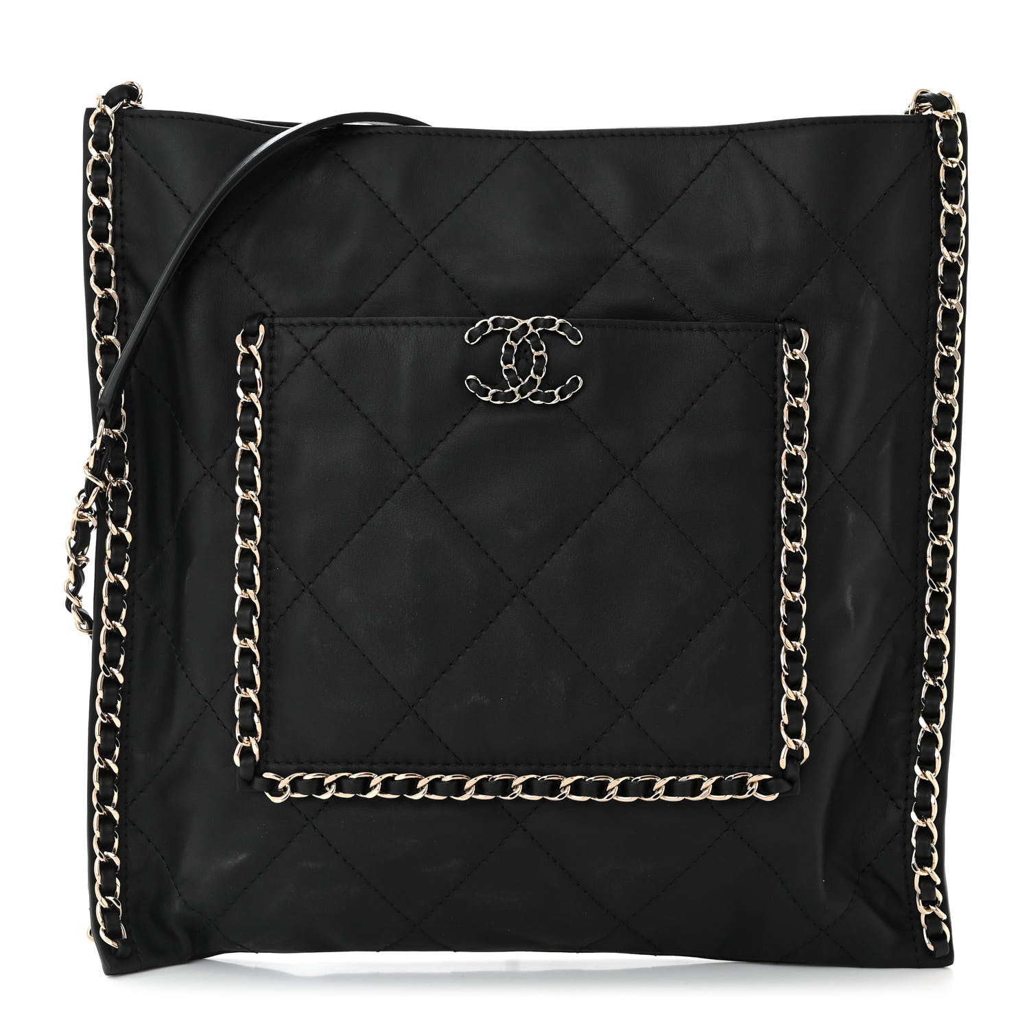 Chanel Calfskin Quilted Chain Flat Tote Black 1 of 10