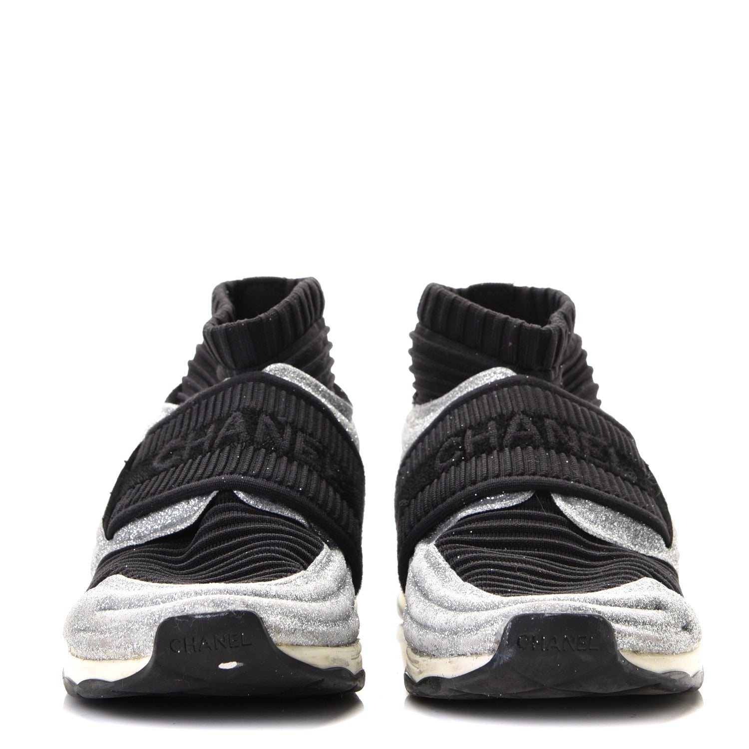 Chanel Glitter Stretch Fabric CC Sneakers 36.5 Black Silver 5 of 11