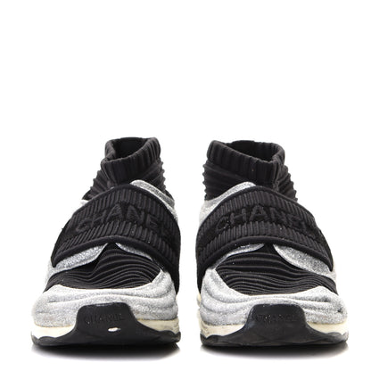 Chanel Glitter Stretch Fabric CC Sneakers 36.5 Black Silver 5 of 11