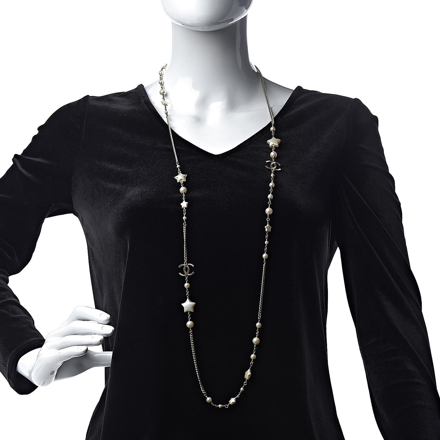 Pearl Beaded Star CC Long Necklace Gold