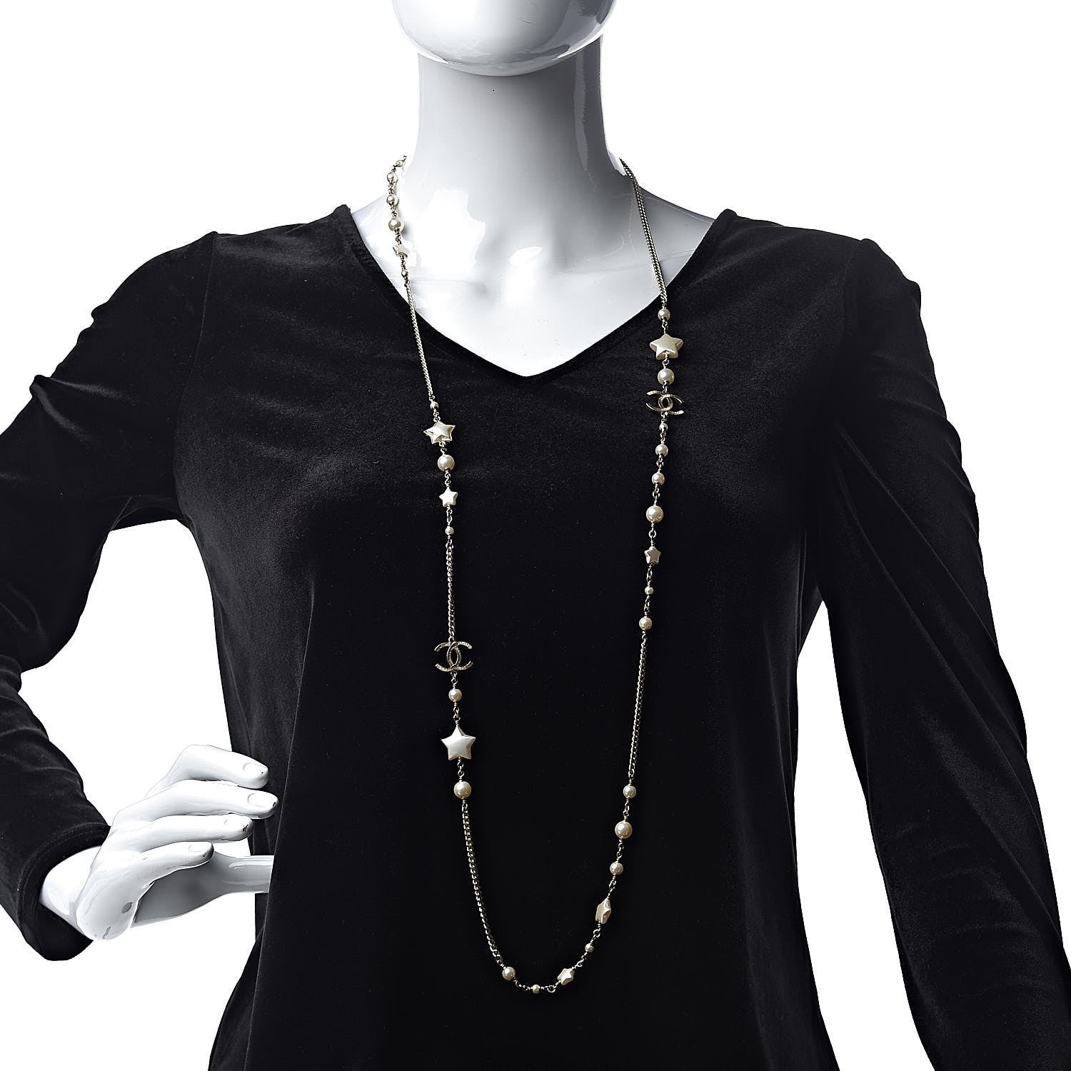 Chanel Pearl Beaded Star CC Long Necklace Gold 2 of 5