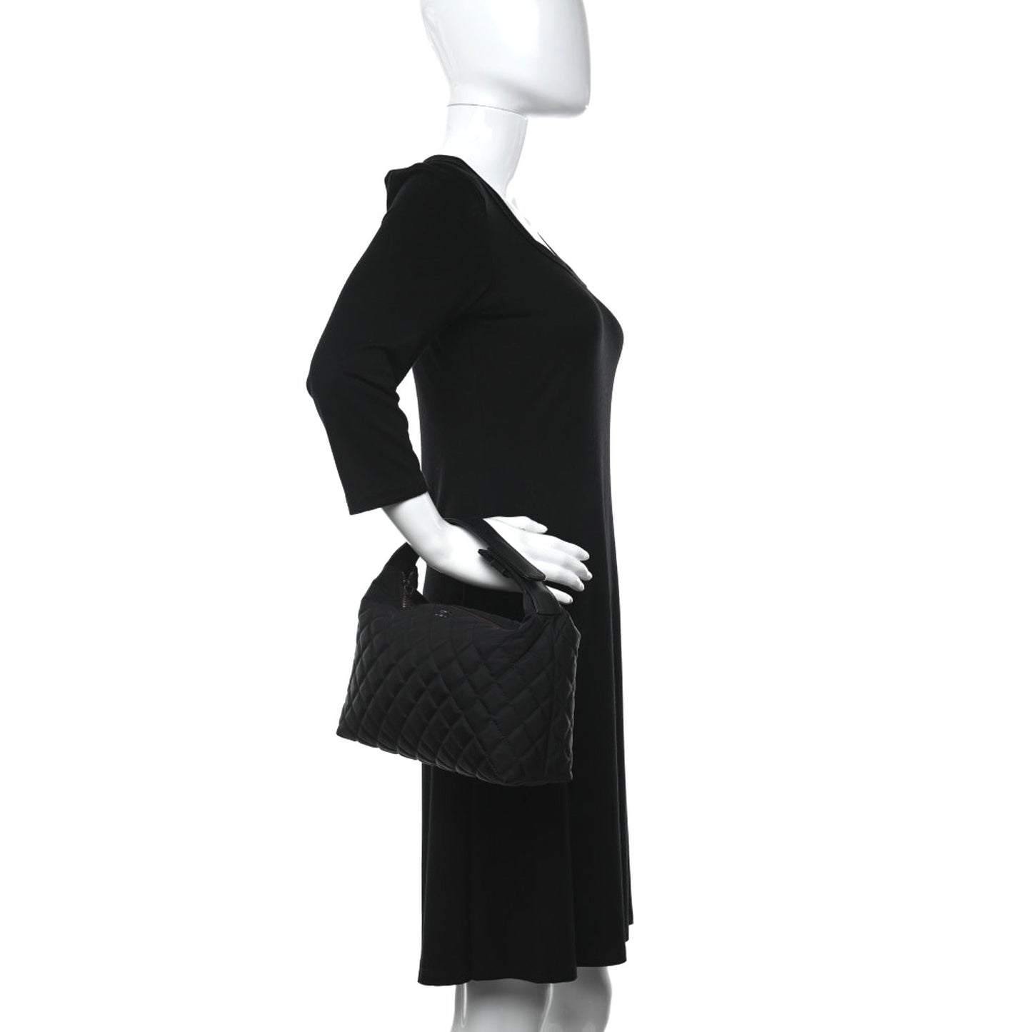 Nylon Calfskin Quilted Hobo Black