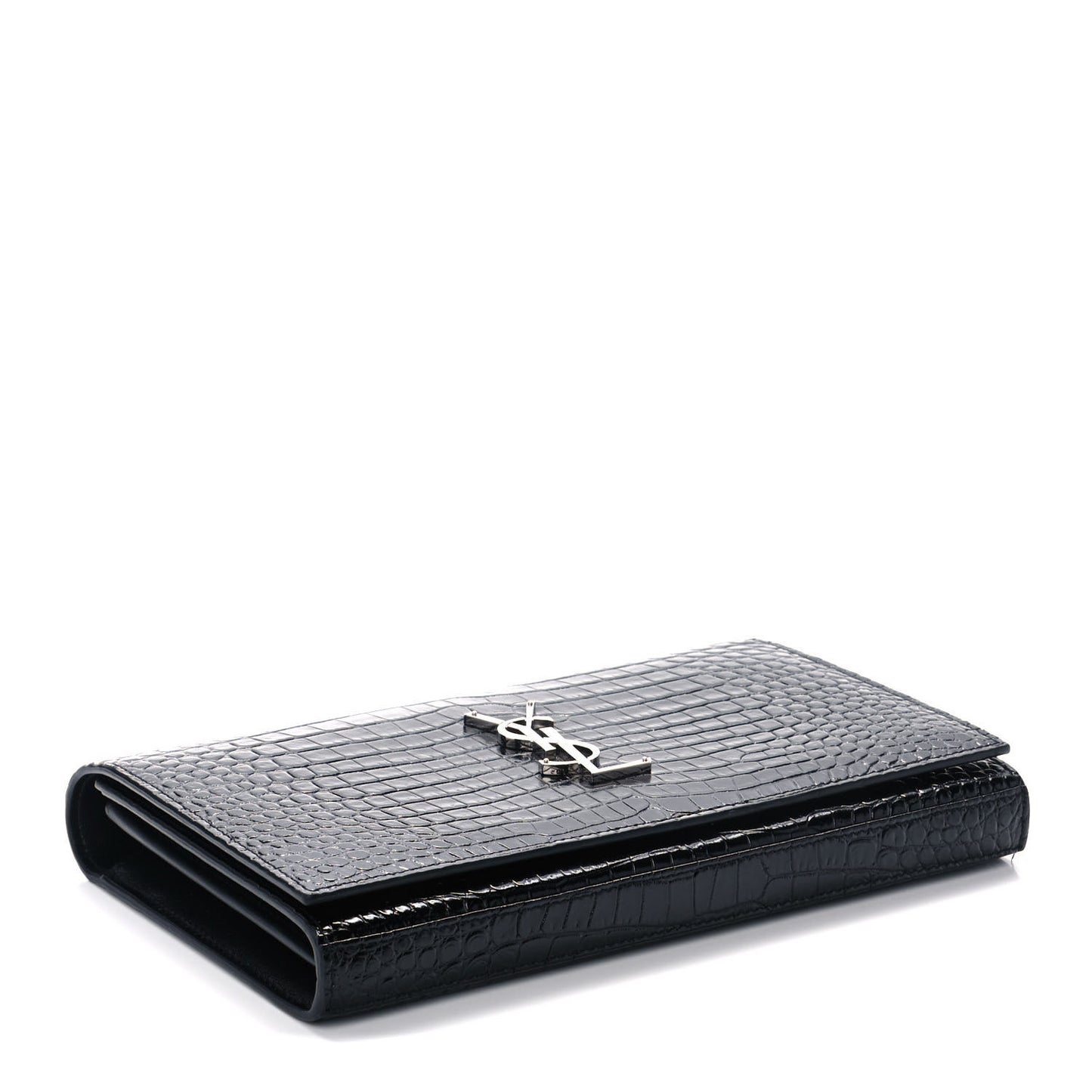Calfskin Crocodile Embossed Monogram Chain Wallet Black