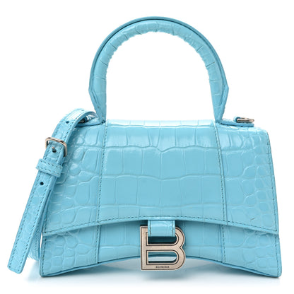 Balenciaga Shiny Calfskin Crocodile Embossed Hourglass Top Handle Bag XS Azur 1 of 11