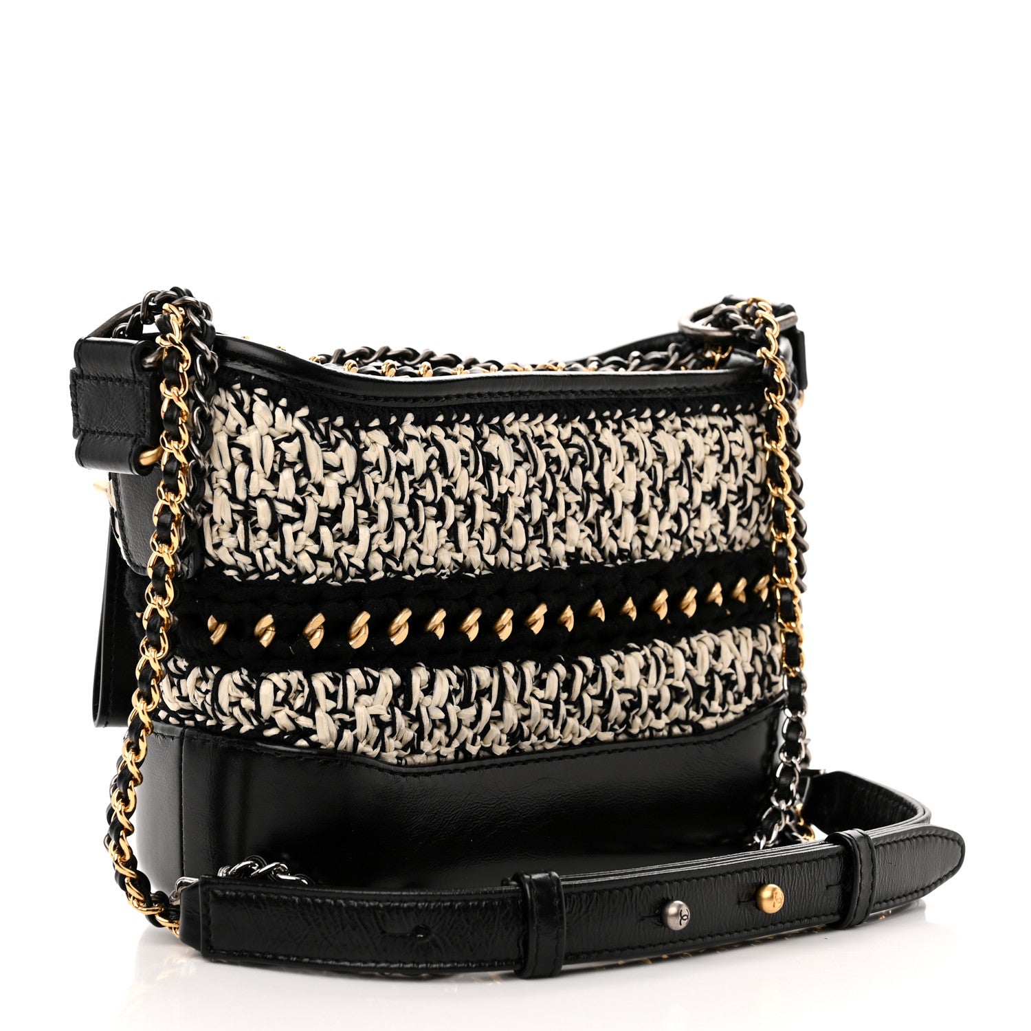 Chanel Cotton Raffia Calfskin Small Gabrielle Hobo Black White 3 of 10