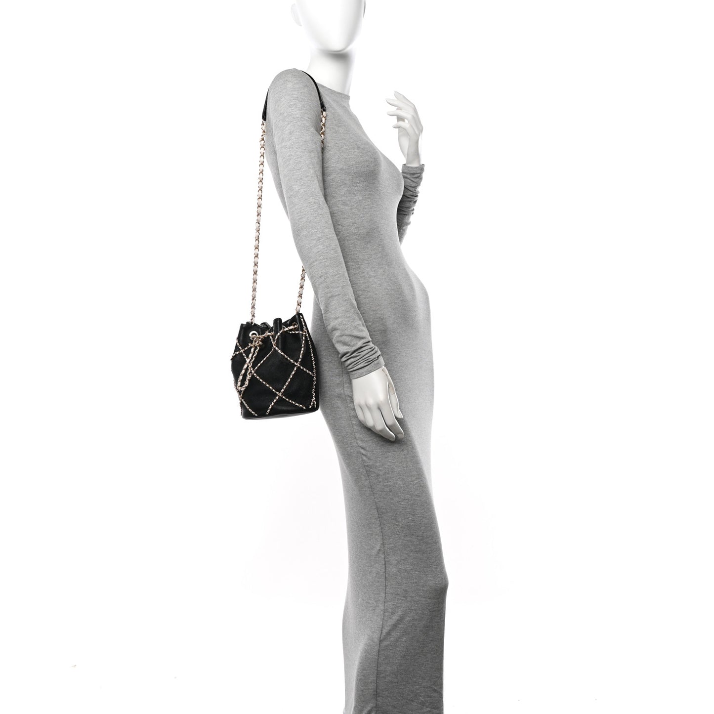 Lambskin Entwined Chain Bucket Bag Black