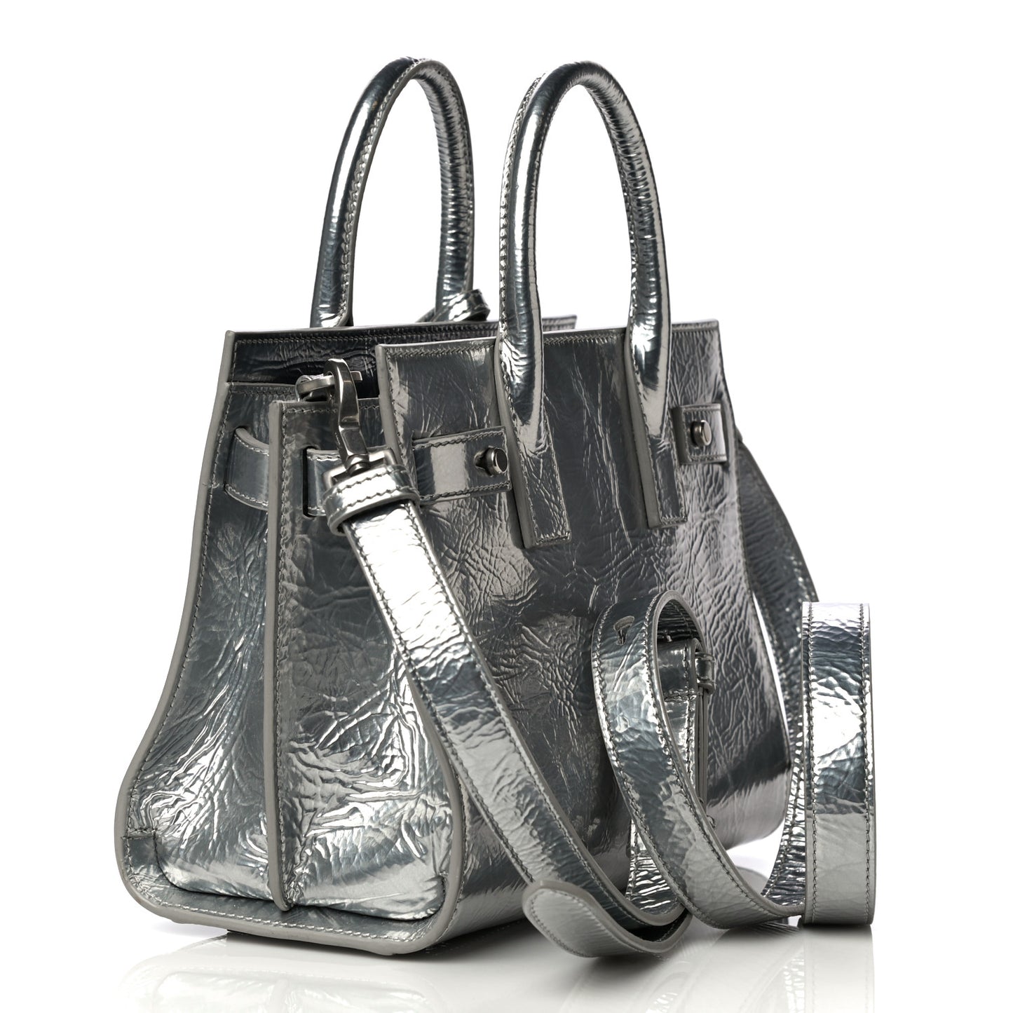 Metallic Crinkled Calfskin Nano Supple Sac De Jour Silver
