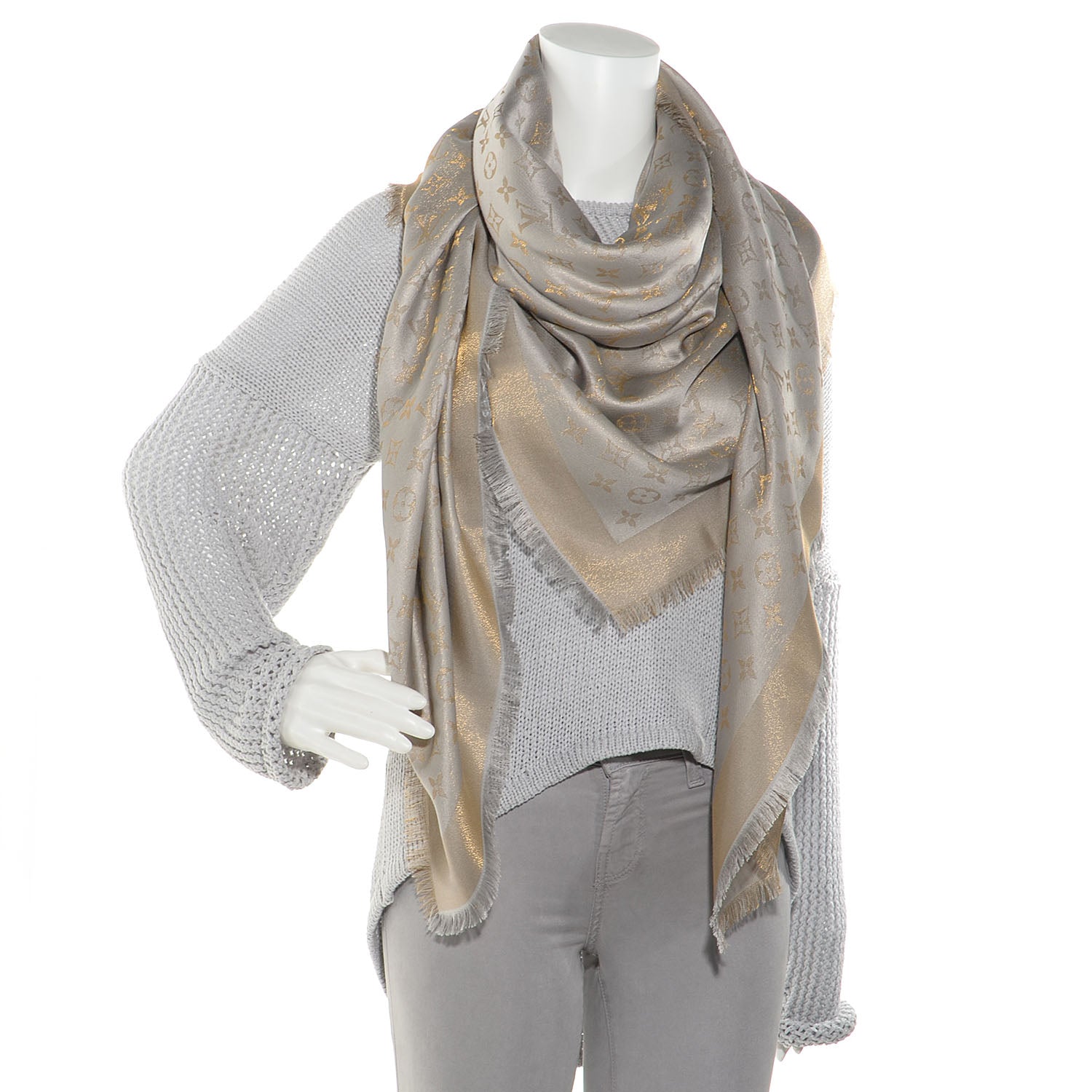Louis Vuitton Monogram Silk Wool Shine Shawl Beige 2 of 5