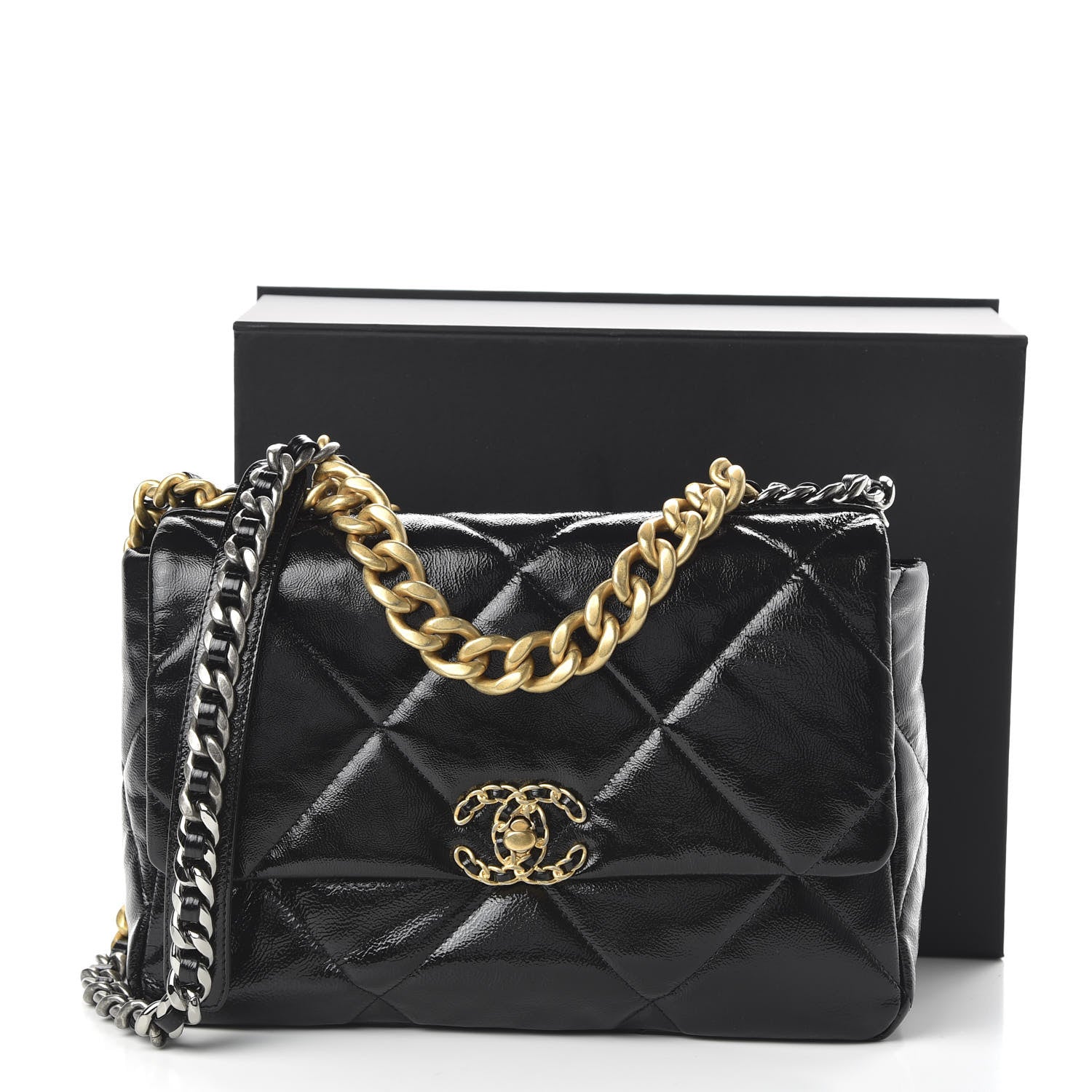 Chanel Shiny Crumpled Calfskin Quilted Large 19 Flap Black 11 of 11