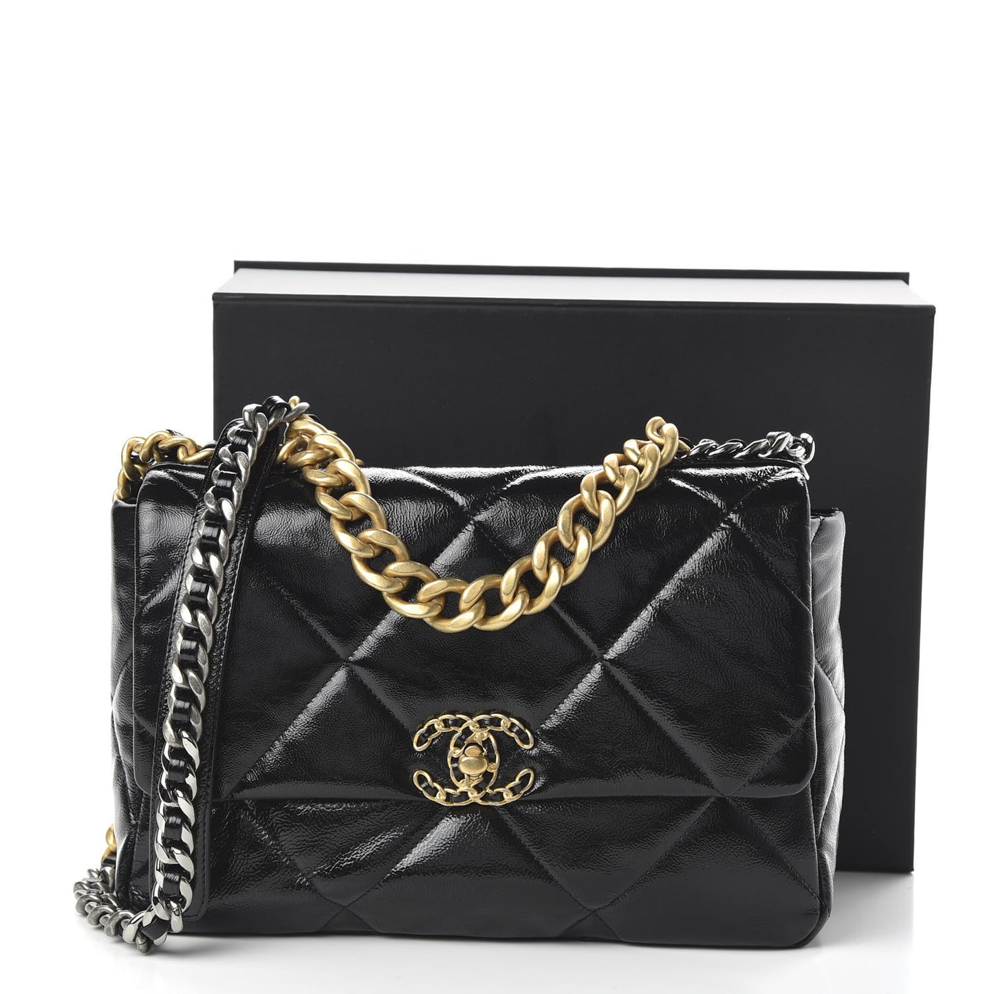 Shiny Crumpled Calfskin Quilted Large Chanel 19 Flap Black