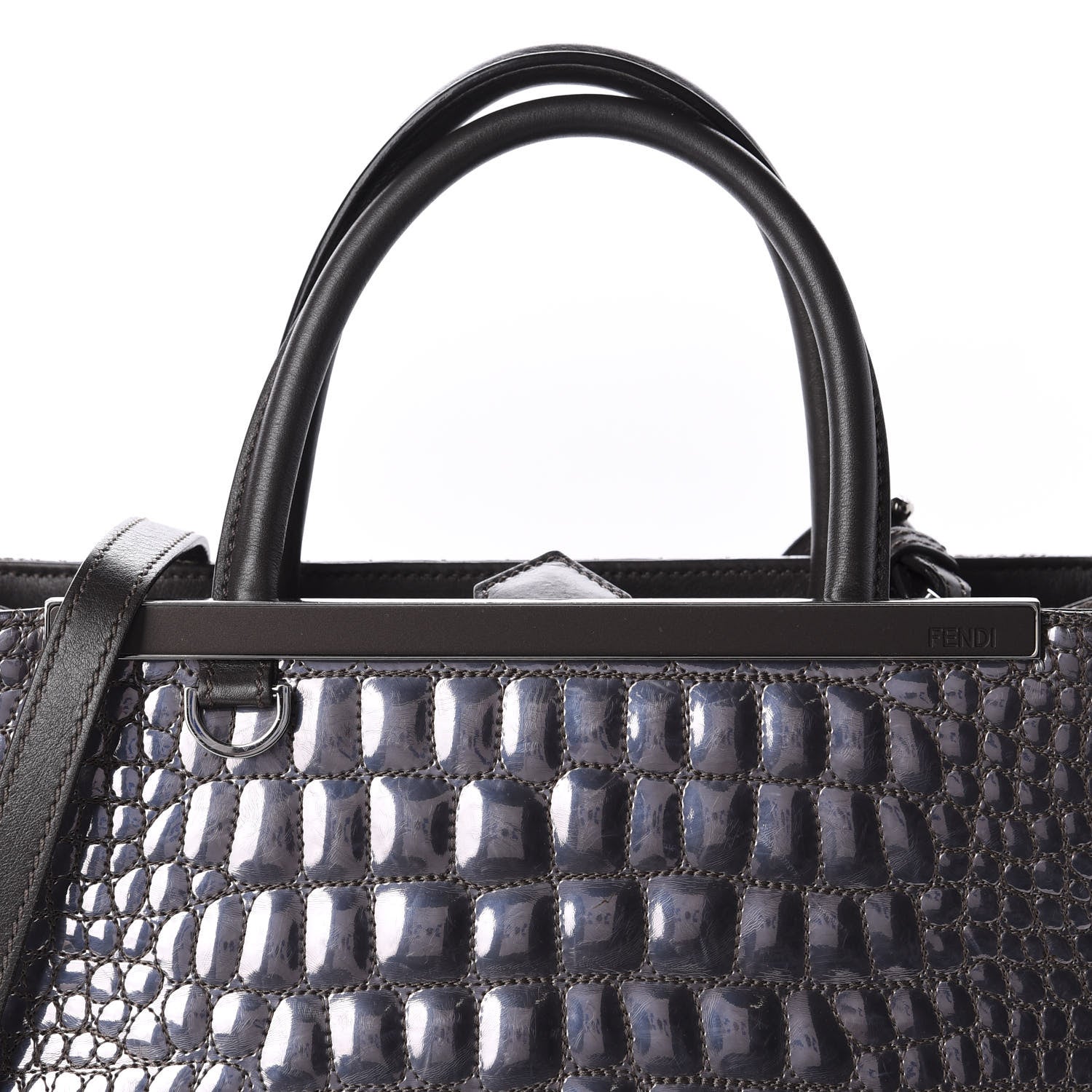 Fendi Metallic Calfskin Crocodile Embroidered Petite 2Jours Tote Silver Mirror 15 of 15