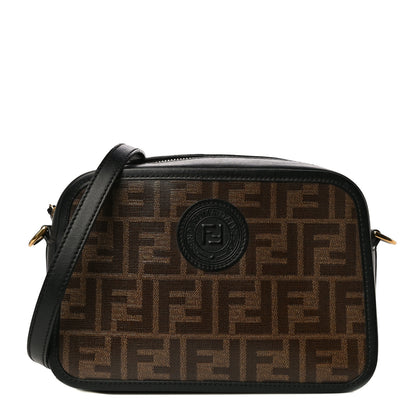 Fendi Glazed Fabric Vitello Century FF 1974 Stamp Patch Camera Case Mogano Panna Black 1 of 10