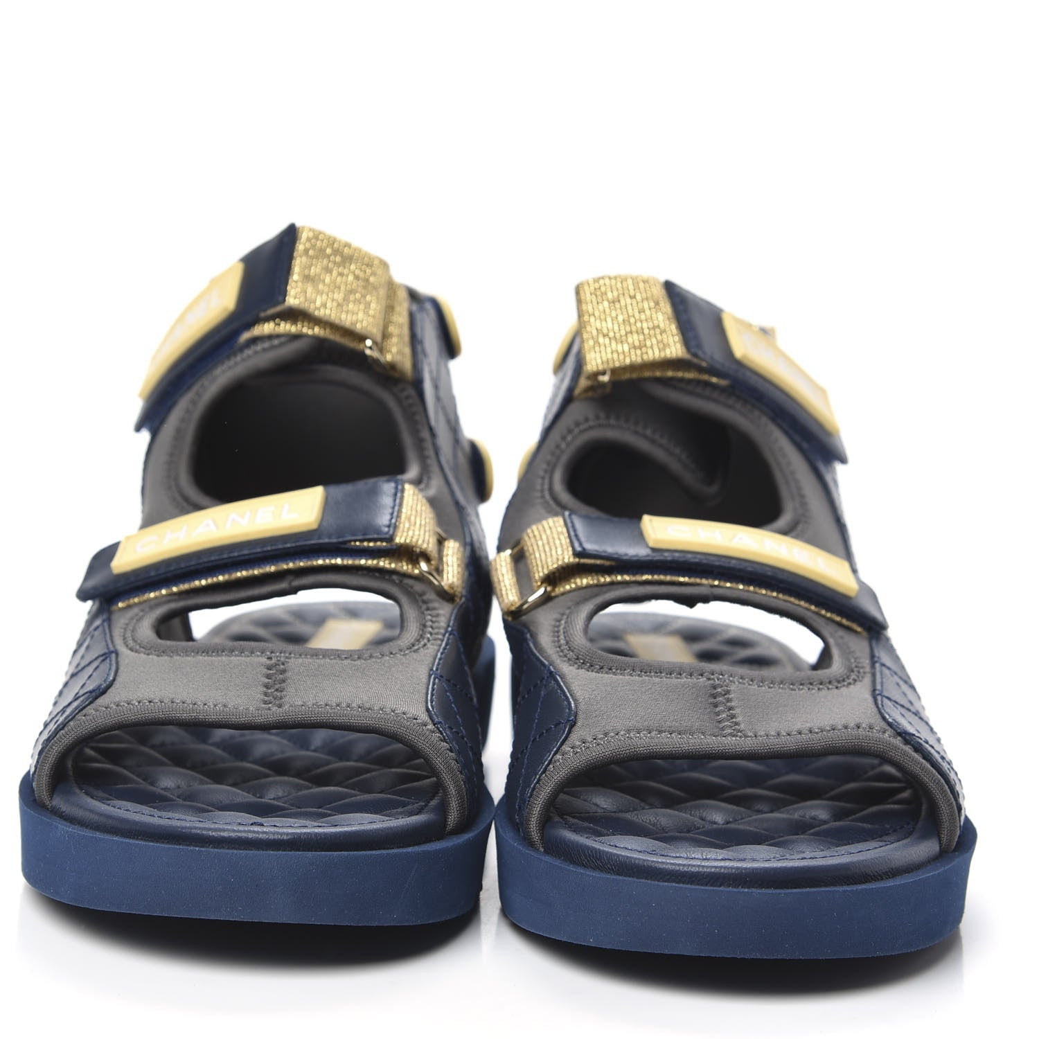 Chanel Goatskin Fabric Gladiator Sandals 41.5 Navy Blue Light Grey Yellow 2 of 9