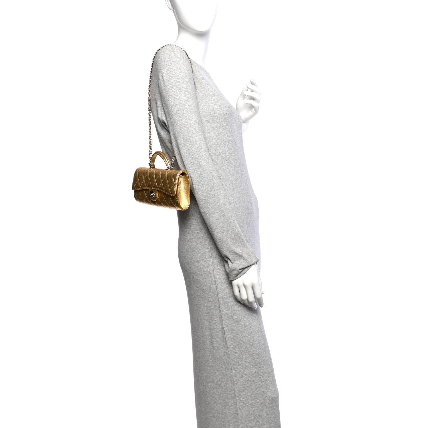 Chanel Metallic Caviar Quilted Top Handle Long Clutch With Chain Gold 2 of 12