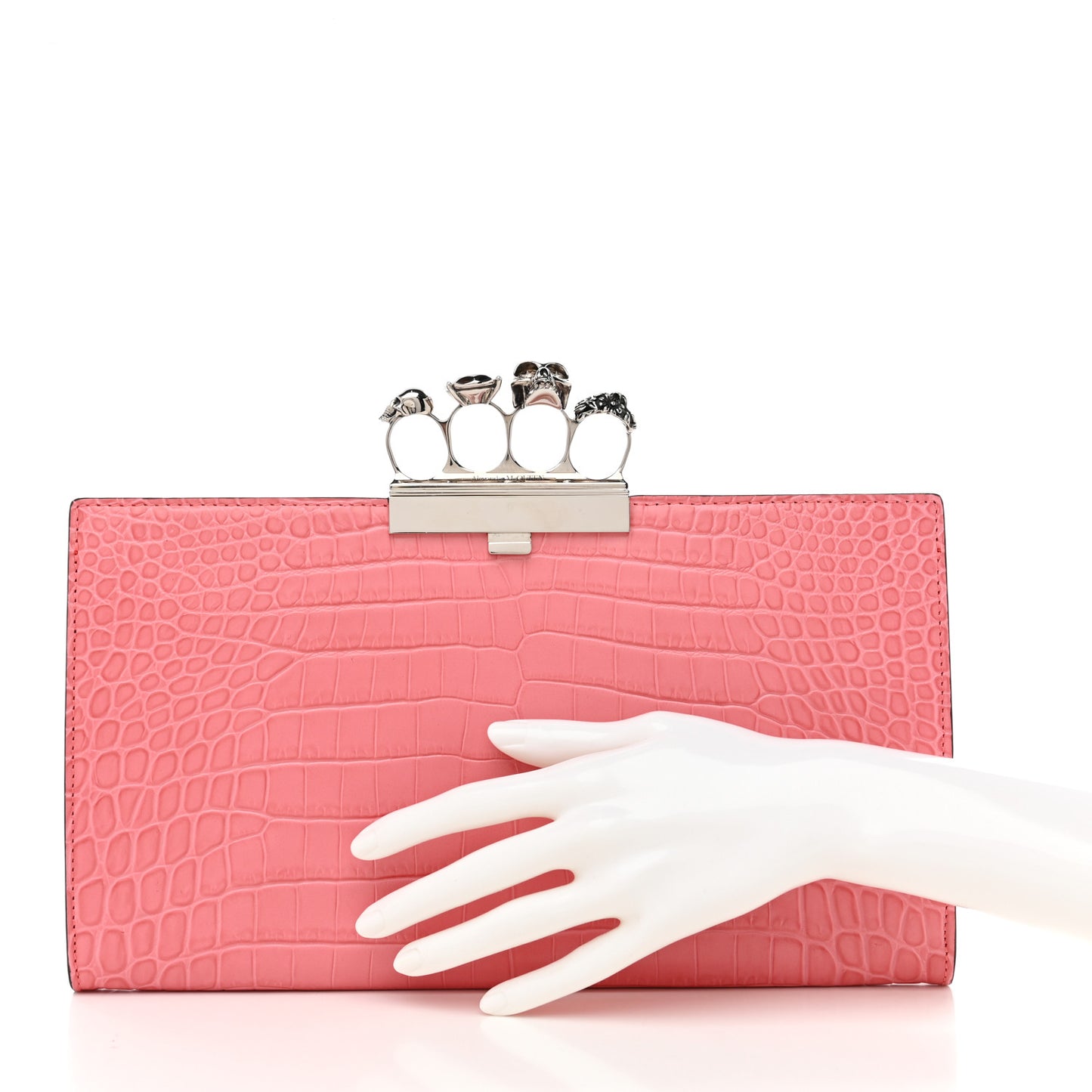 Calfskin Crocodile Embossed Knuckle Flat Clutch Coral