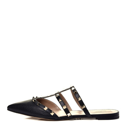 Valentino Garavani Pebbled Calfskin Rockstud Flat Cage Mules 40.5 Black 1 of 9