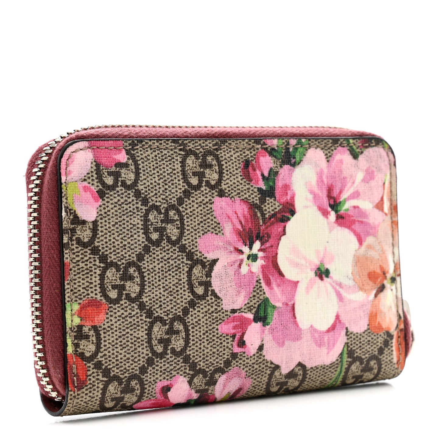 GG Supreme Monogram Blooms Zip Around Card Case Wallet Beige Multicolor Dry Rose