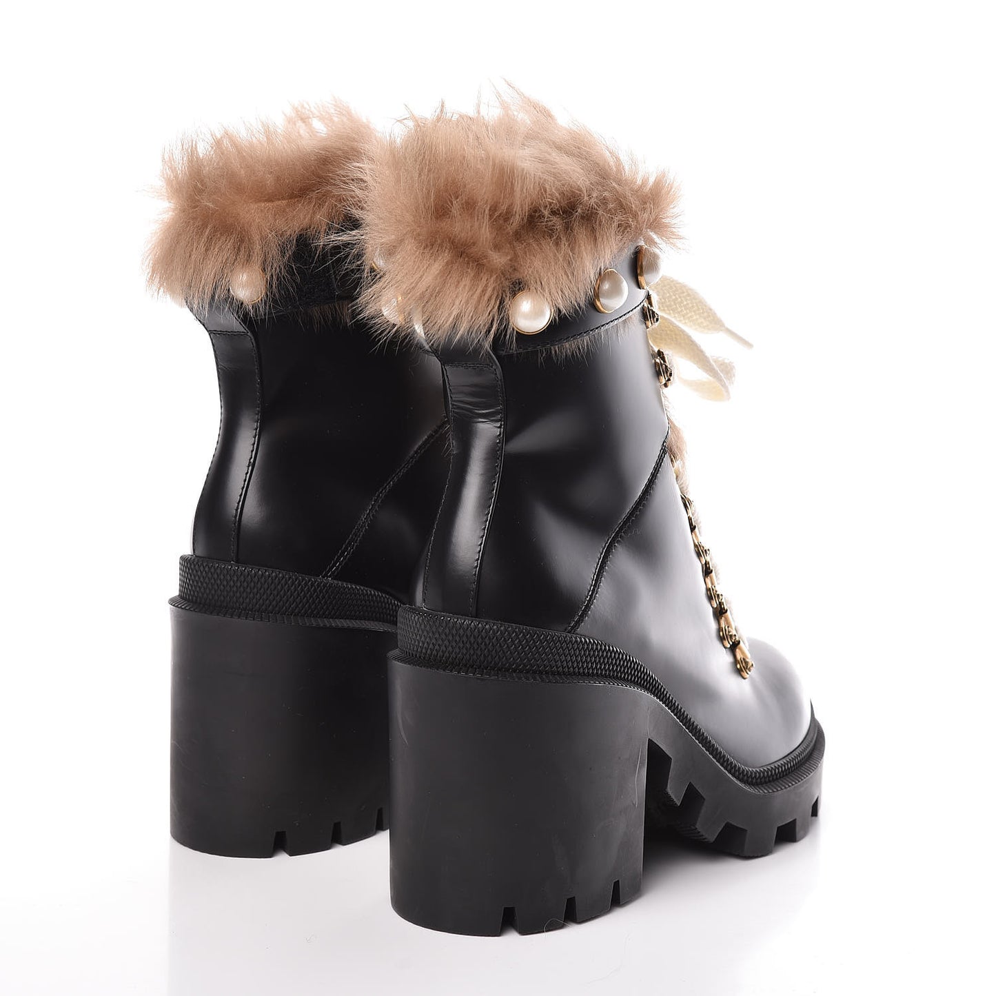 Magnum Calfskin Fur Pearl Lace Up Combat Ankle Boots 36 Black Naturale