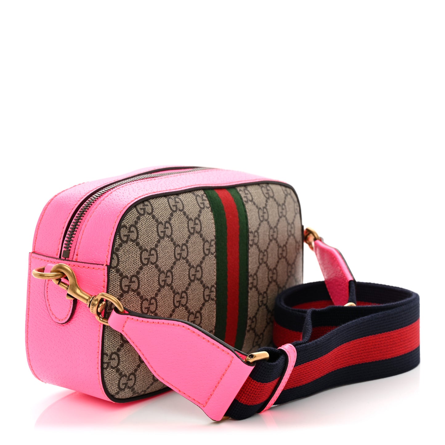 GG Supreme Monogram Textured Dollar Calfskin Web Ophidia Small Crossbody Bag Beige Ebony Fuchsia