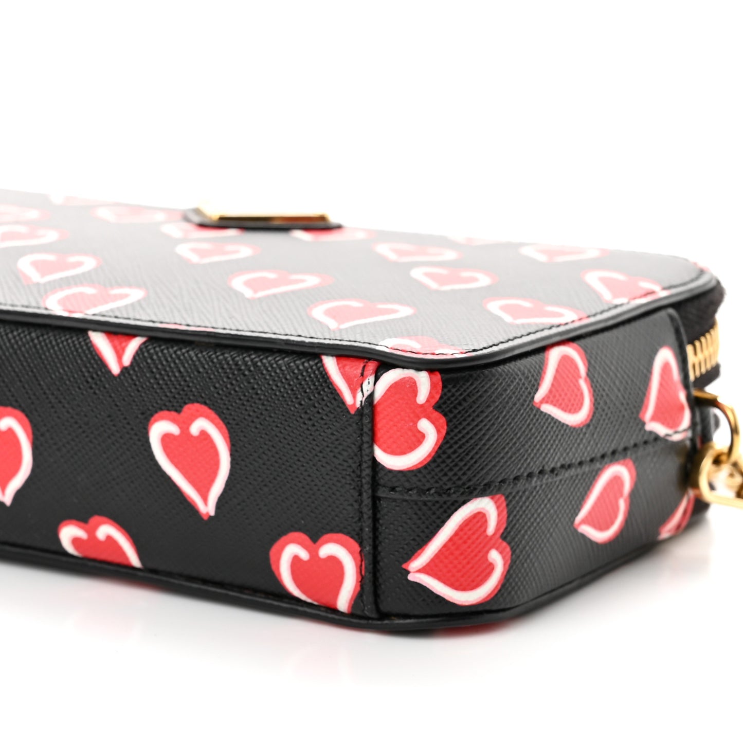 Saffiano Heart Print Mini Double Zip Chain Crossbody Bag Black