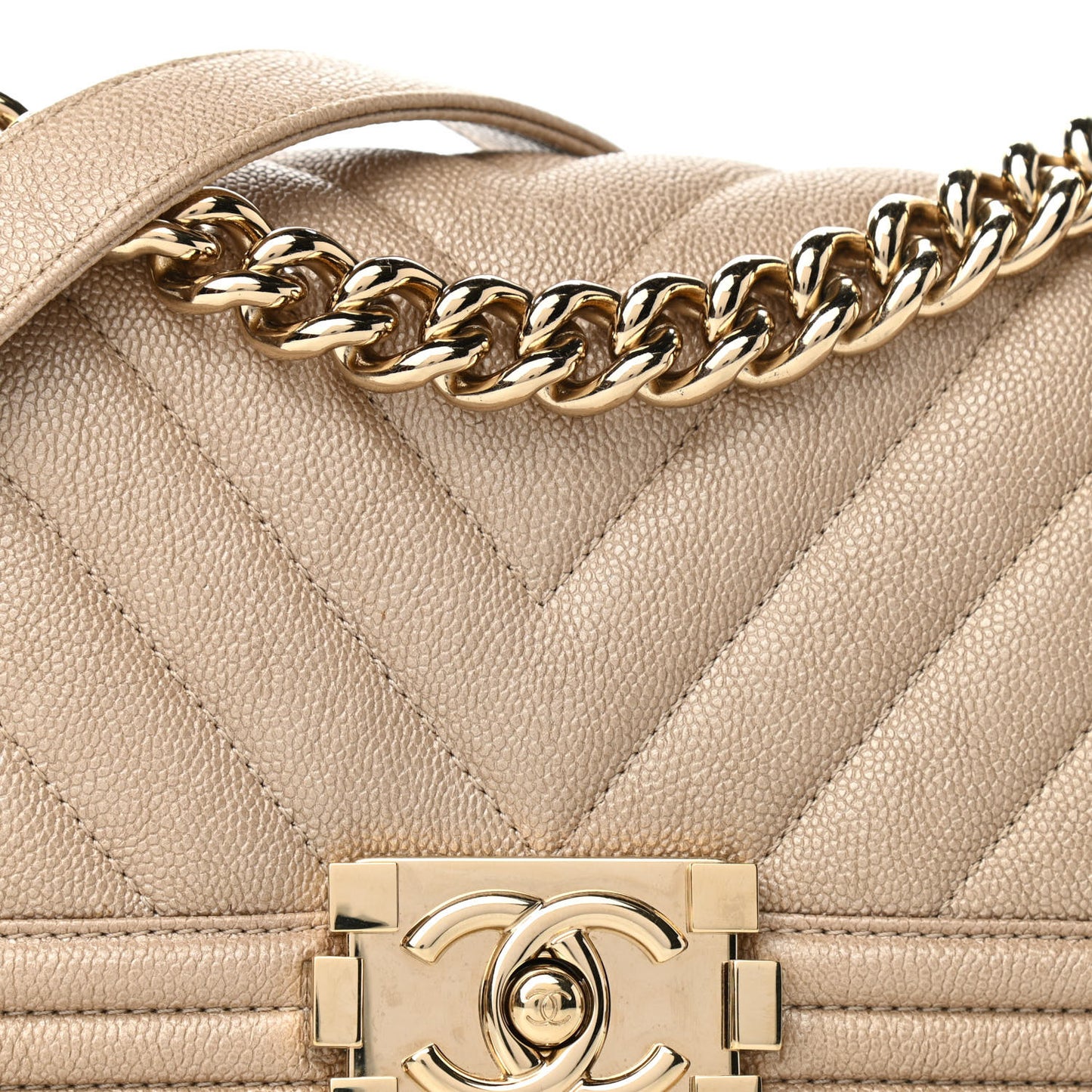 Iridescent Caviar Chevron Quilted Small Boy Flap Beige