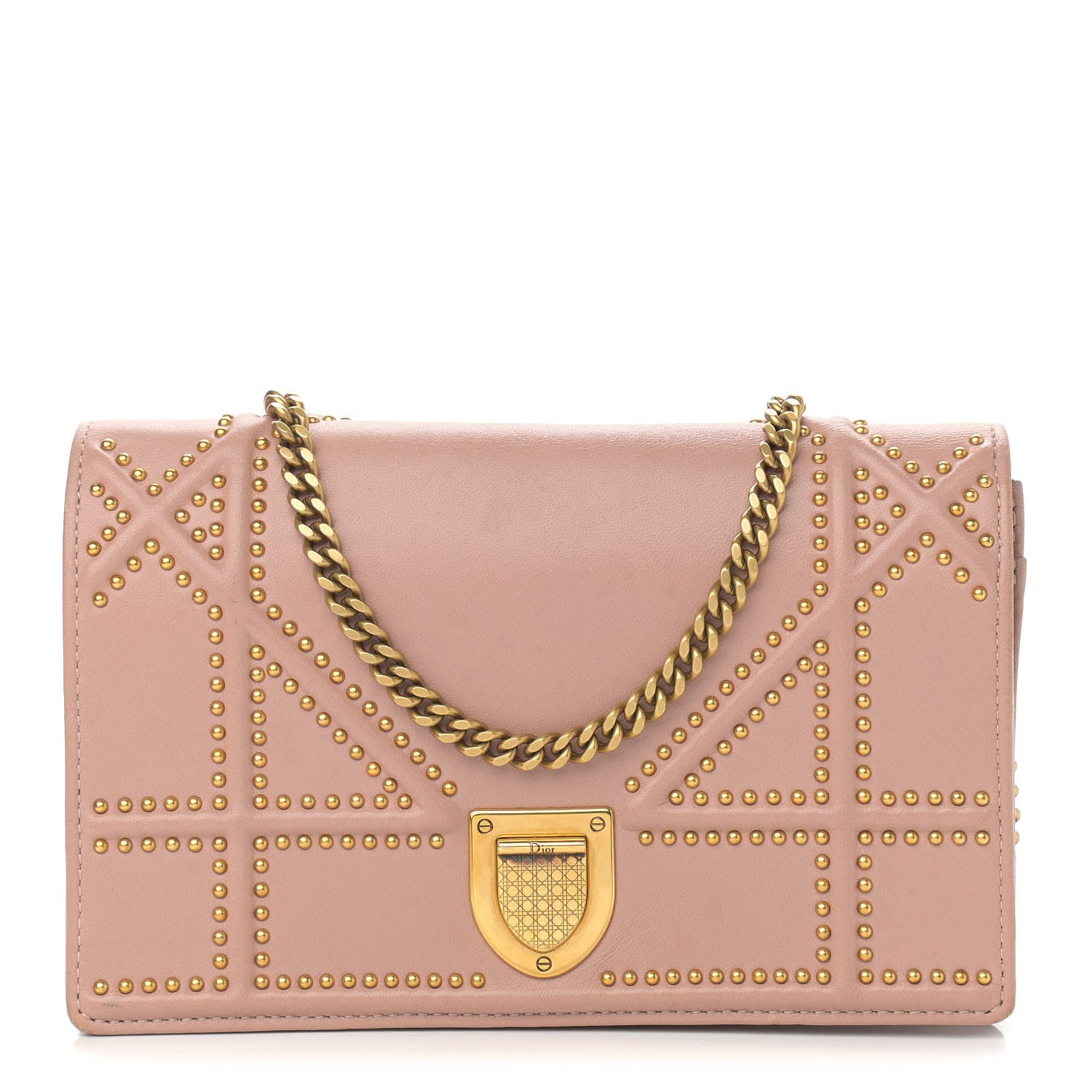 Christian Dior Calfskin Studded Diorama Wallet on Chain Pouch Nude 1 of 13