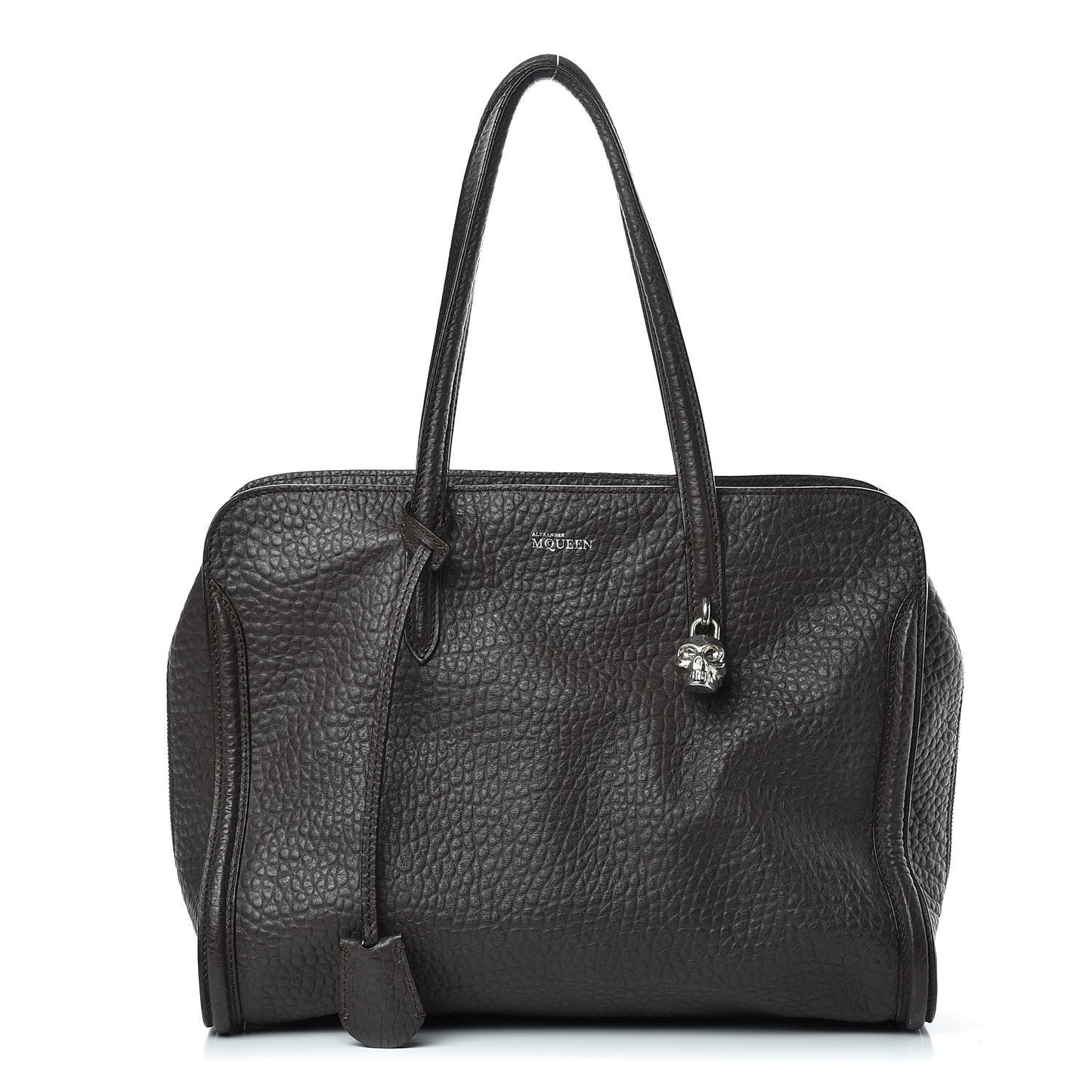 Pebbled Calfskin Large Skull Padlock Zip Around Tote Dark Brown