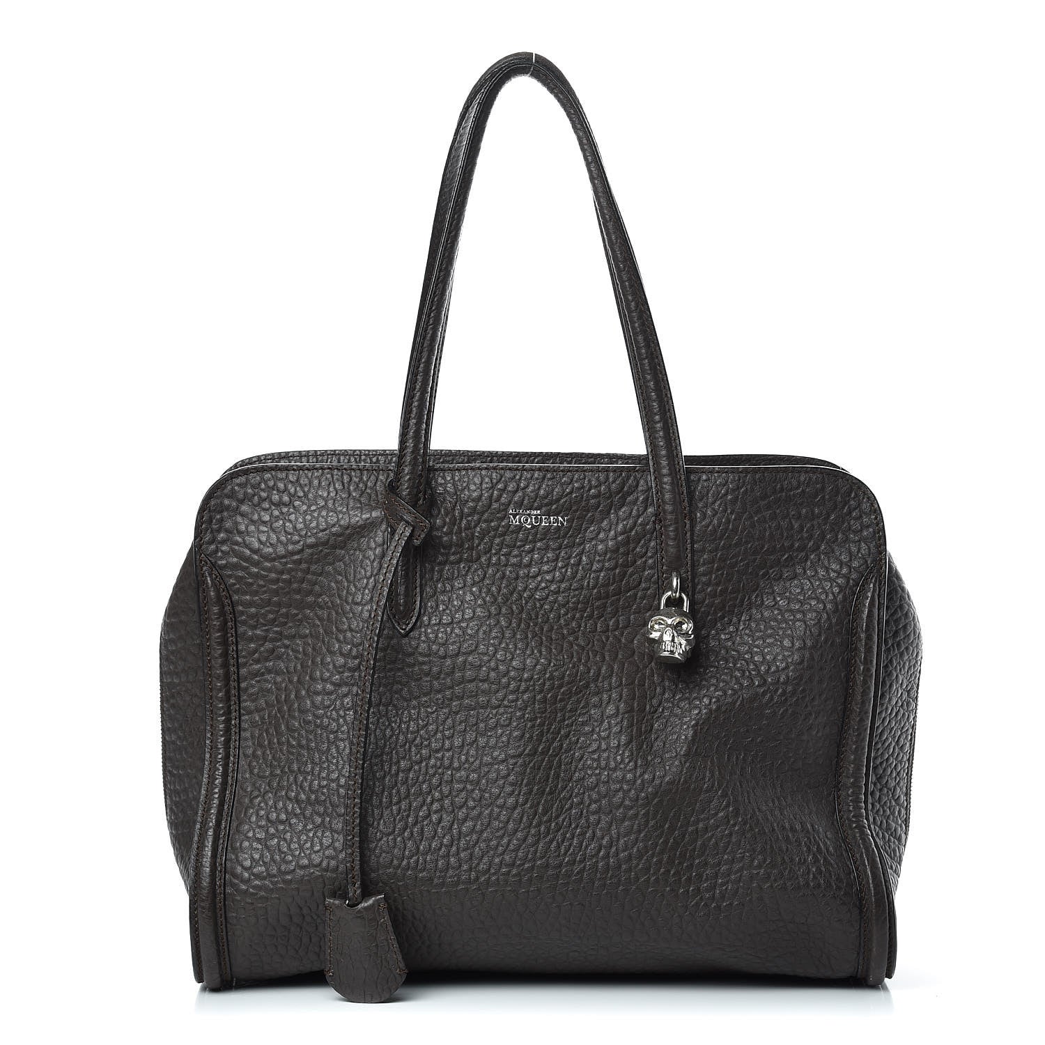 Alexander McQueen Pebbled Calfskin Large Skull Padlock Zip Around Tote Dark Brown 1 of 11